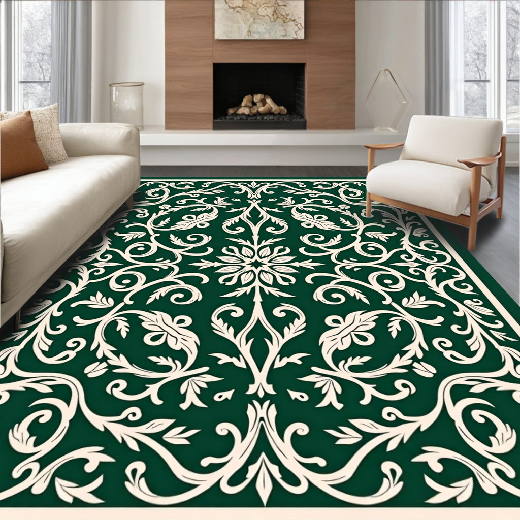 Elegant Floral Scrollwork Ivory On Green Rug