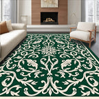 Elegant Floral Scrollwork Ivory On Green Rug