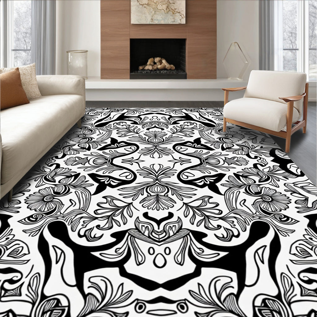 Intricate Floral Pattern Black White Design Rug