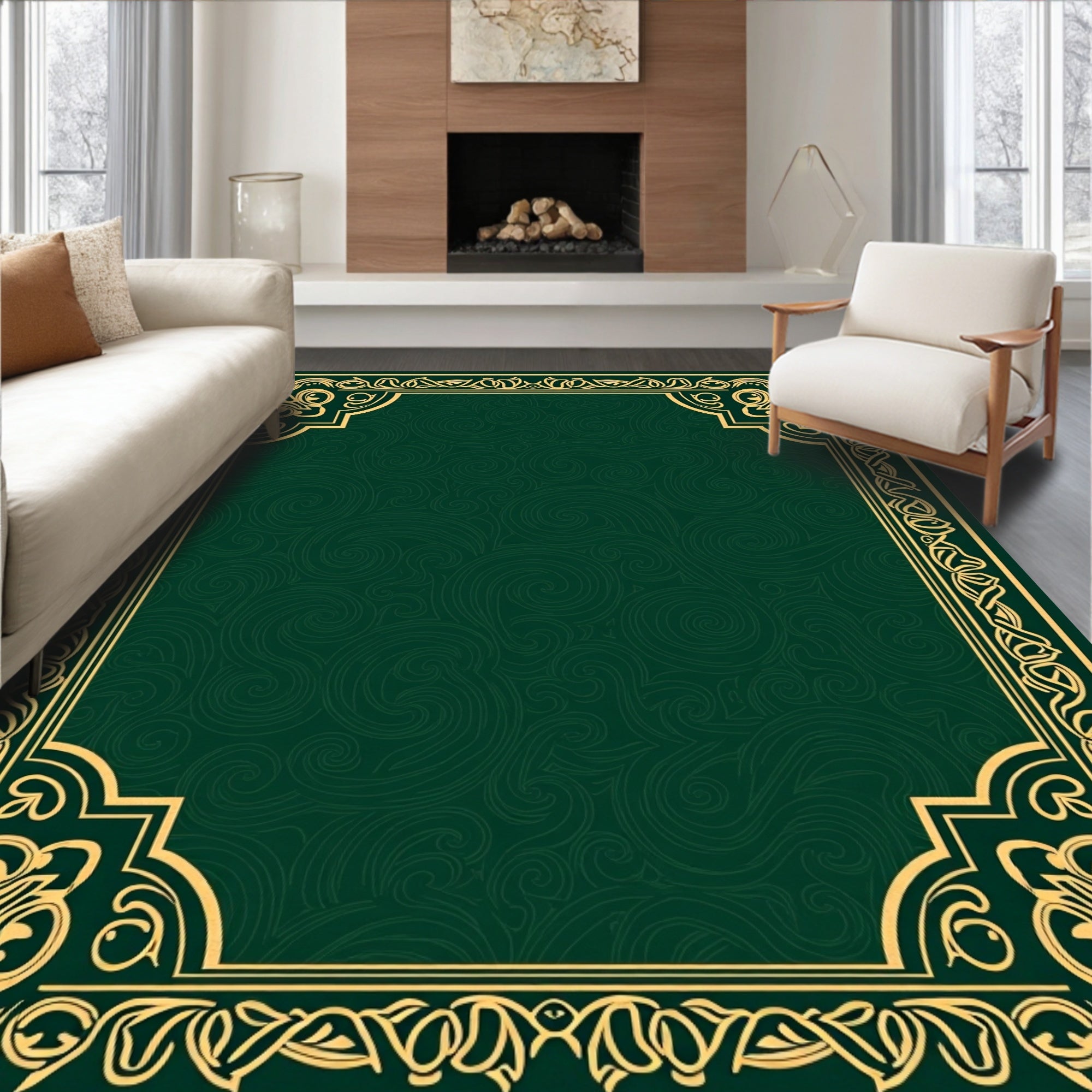 Emerald Green Golden Scrollwork Border Rug