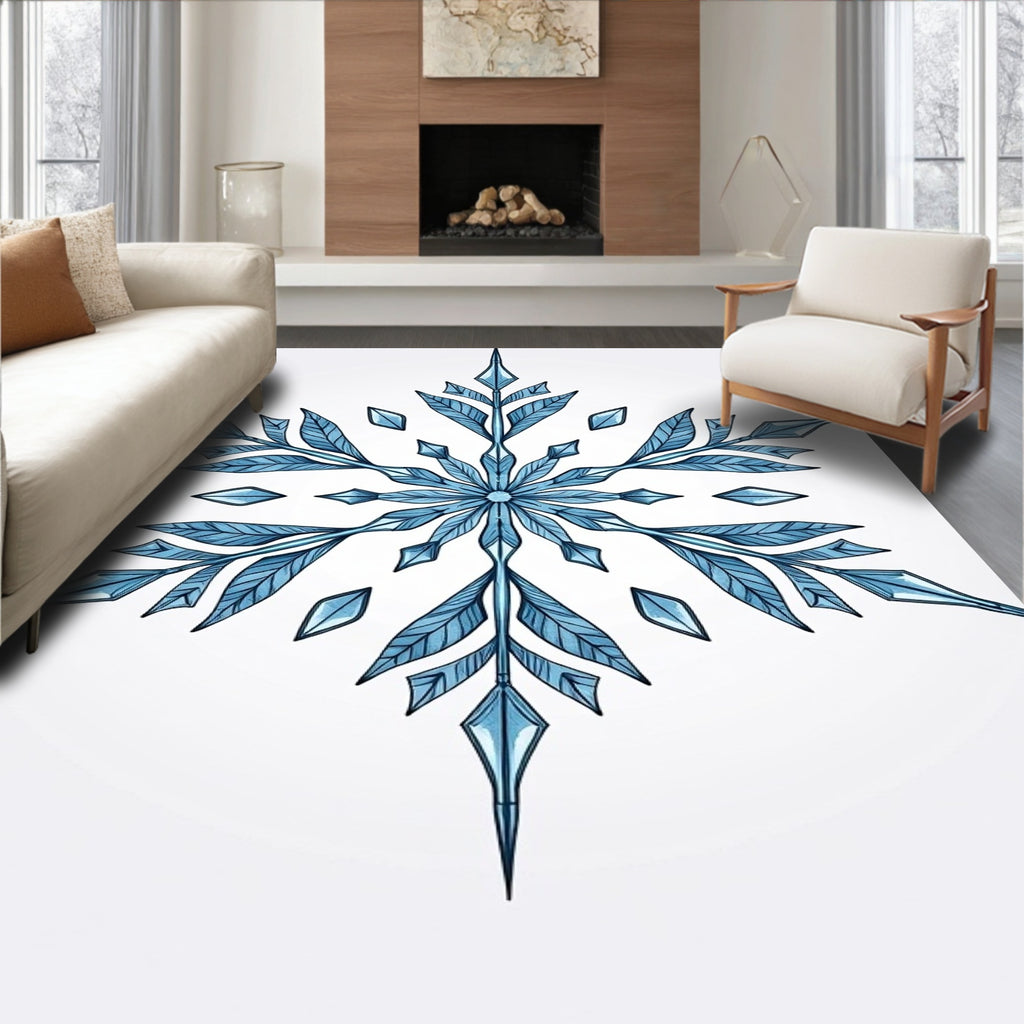 Frosty Blue Ice Crystal Snowflake Design Rug