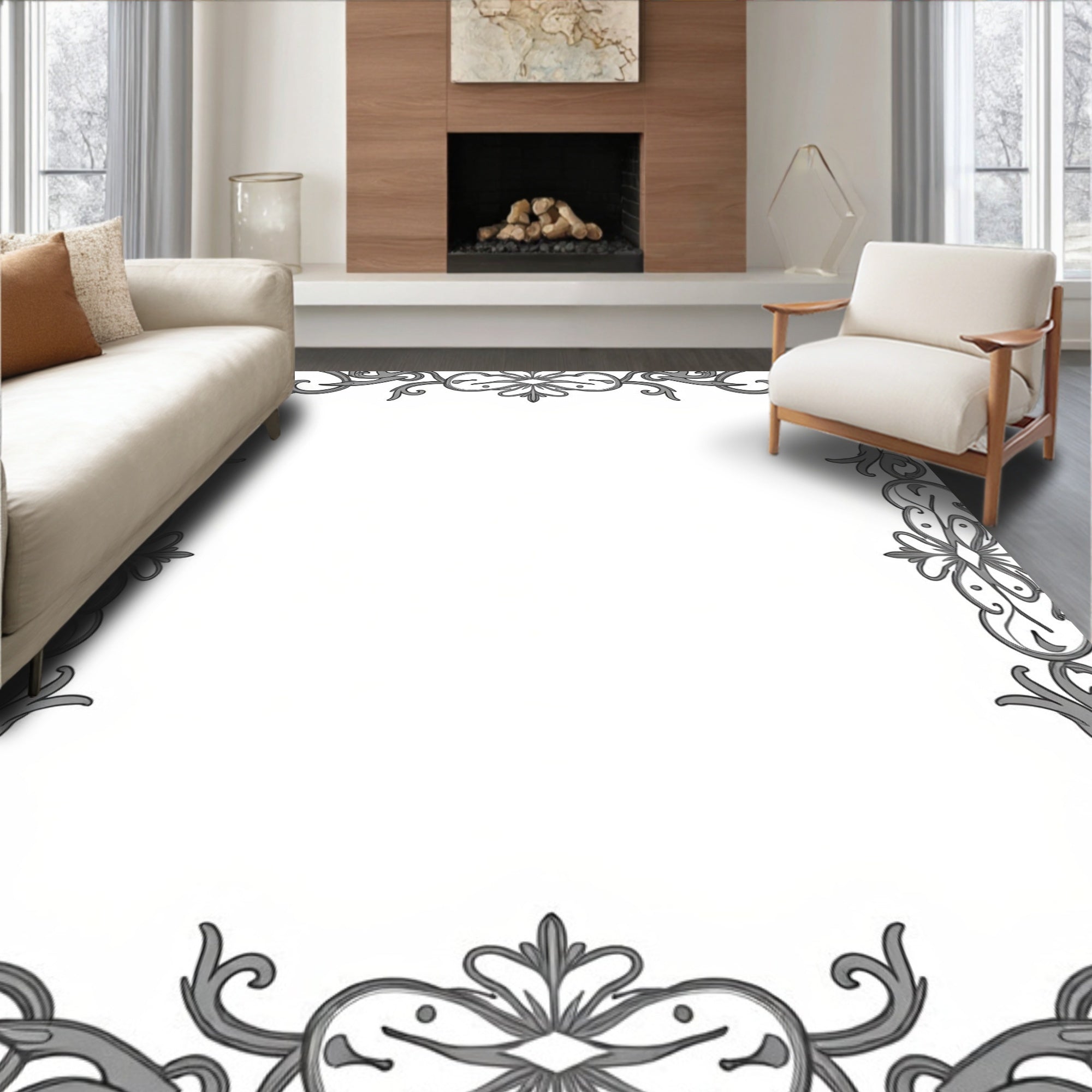 Ornate Gray Swirling Scrollwork Pattern Rug