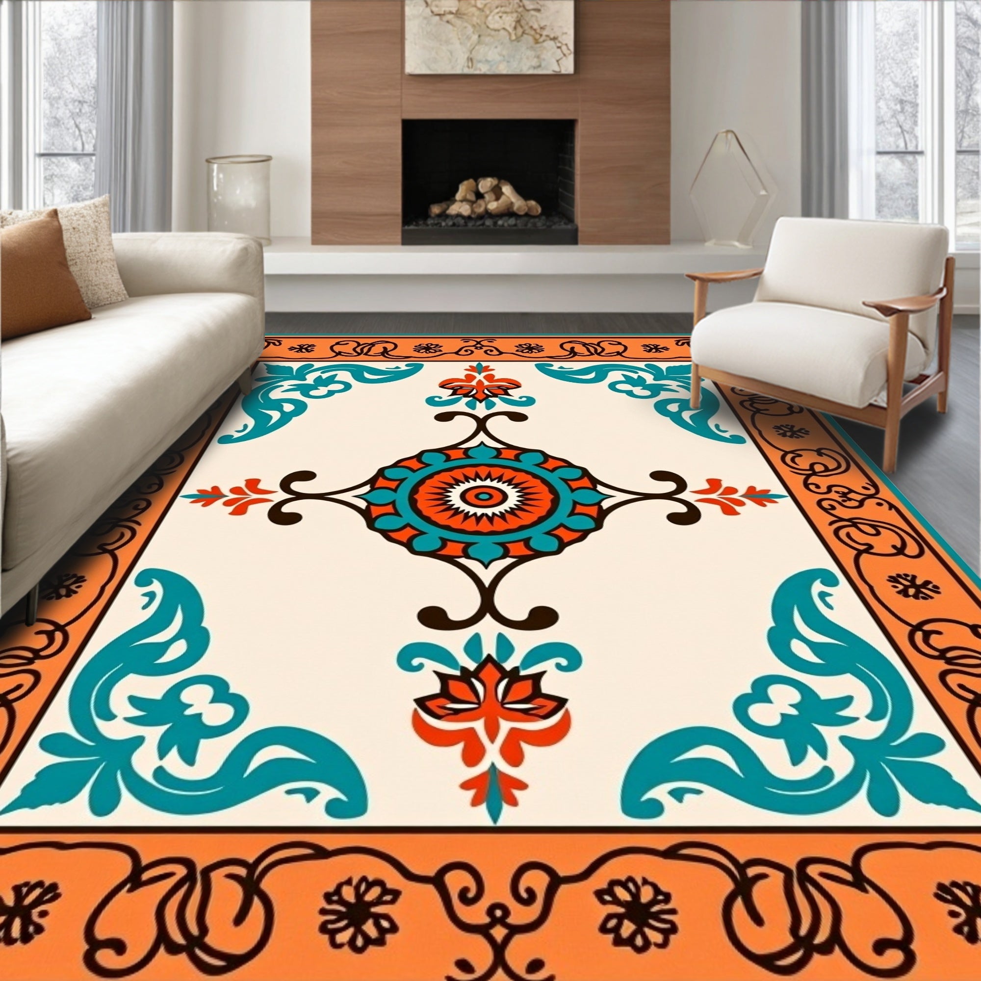 Terracotta Teal Floral Mandala Style Rug