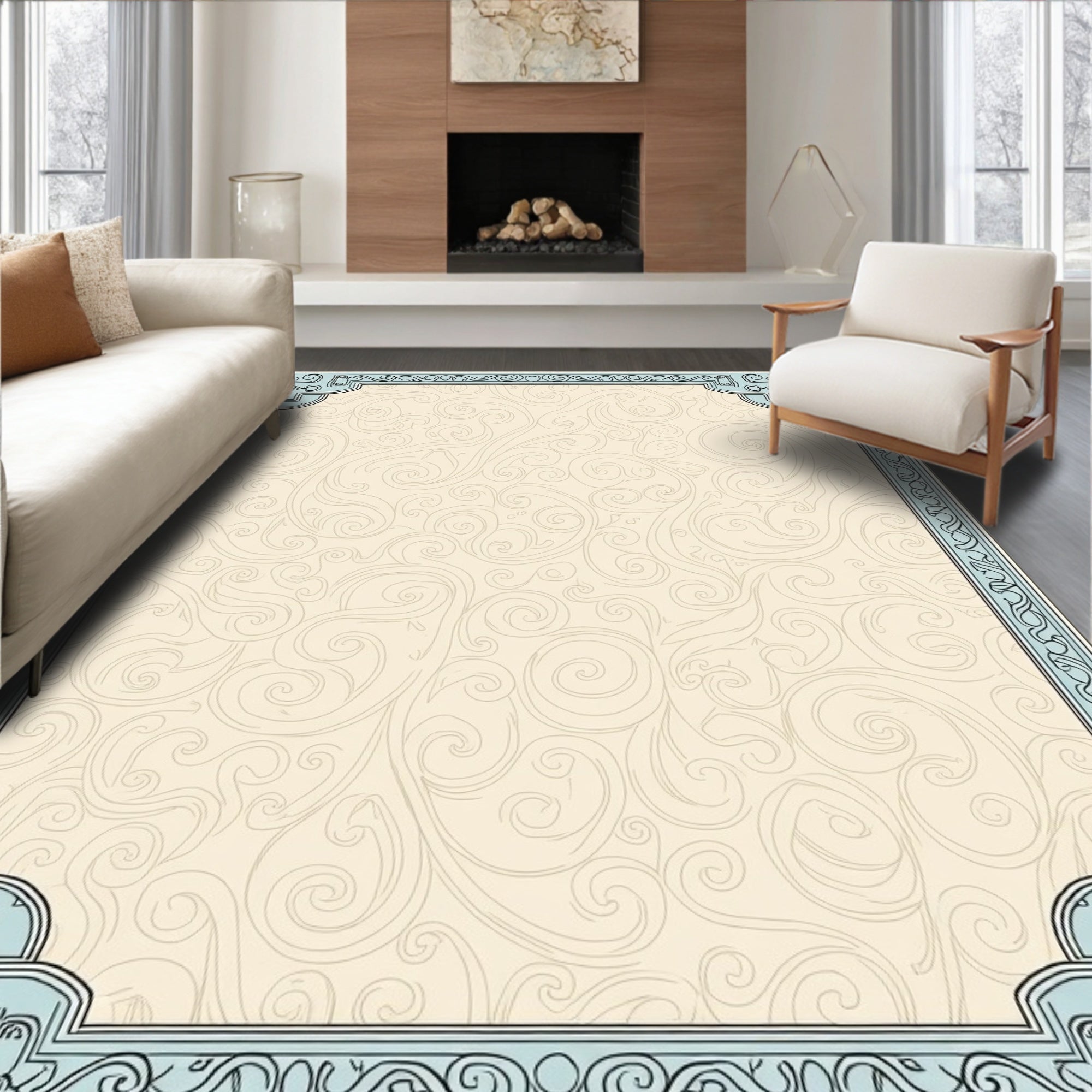 Classic Light Blue Swirl Pattern Frame Rug