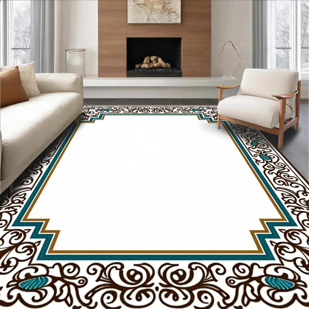 Dark Teal Brown Floral Scroll Border Rug