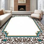 Dark Teal Brown Floral Scroll Border Rug