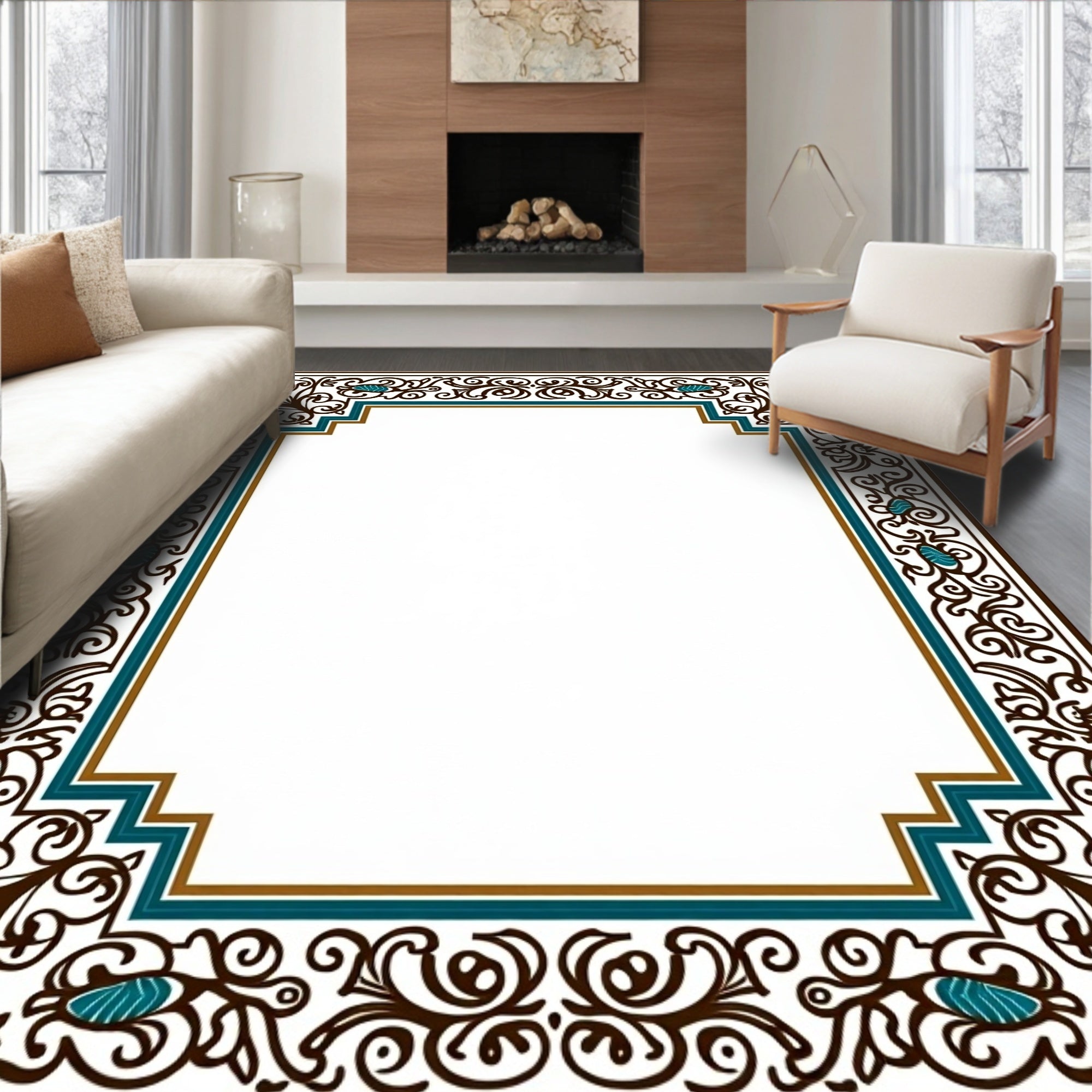 Dark Teal Brown Floral Scroll Border Rug