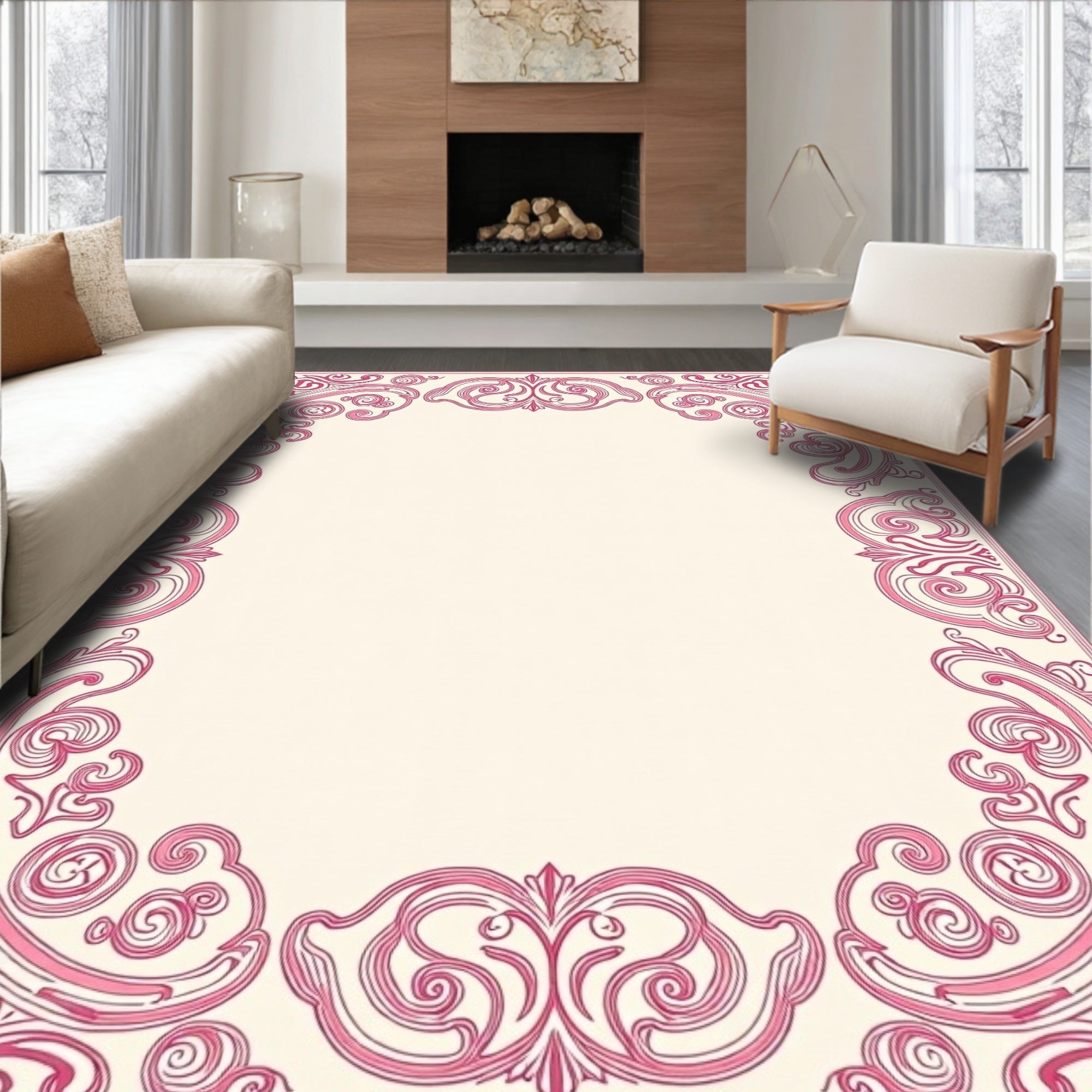 Elegant Pink Scrollwork Pattern Rug