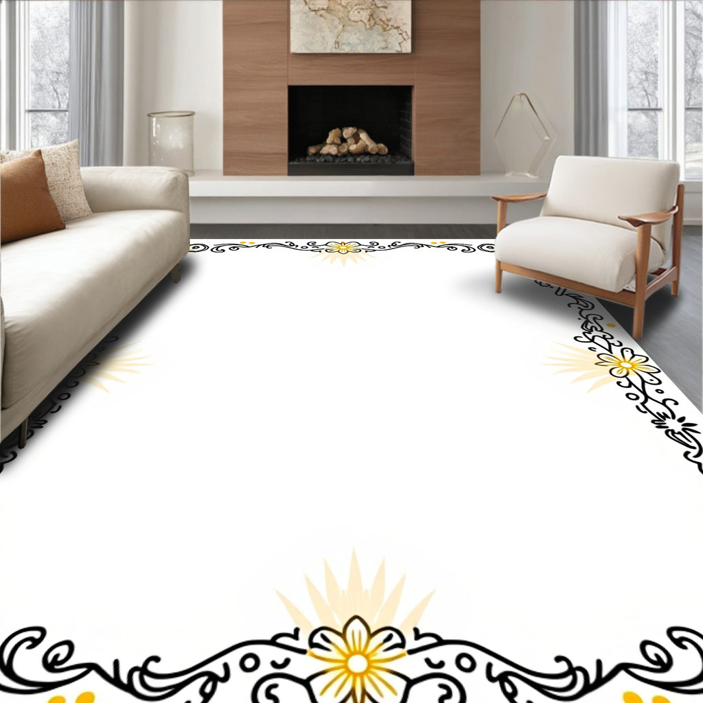 Floral Swirl Black Golden Border Rug