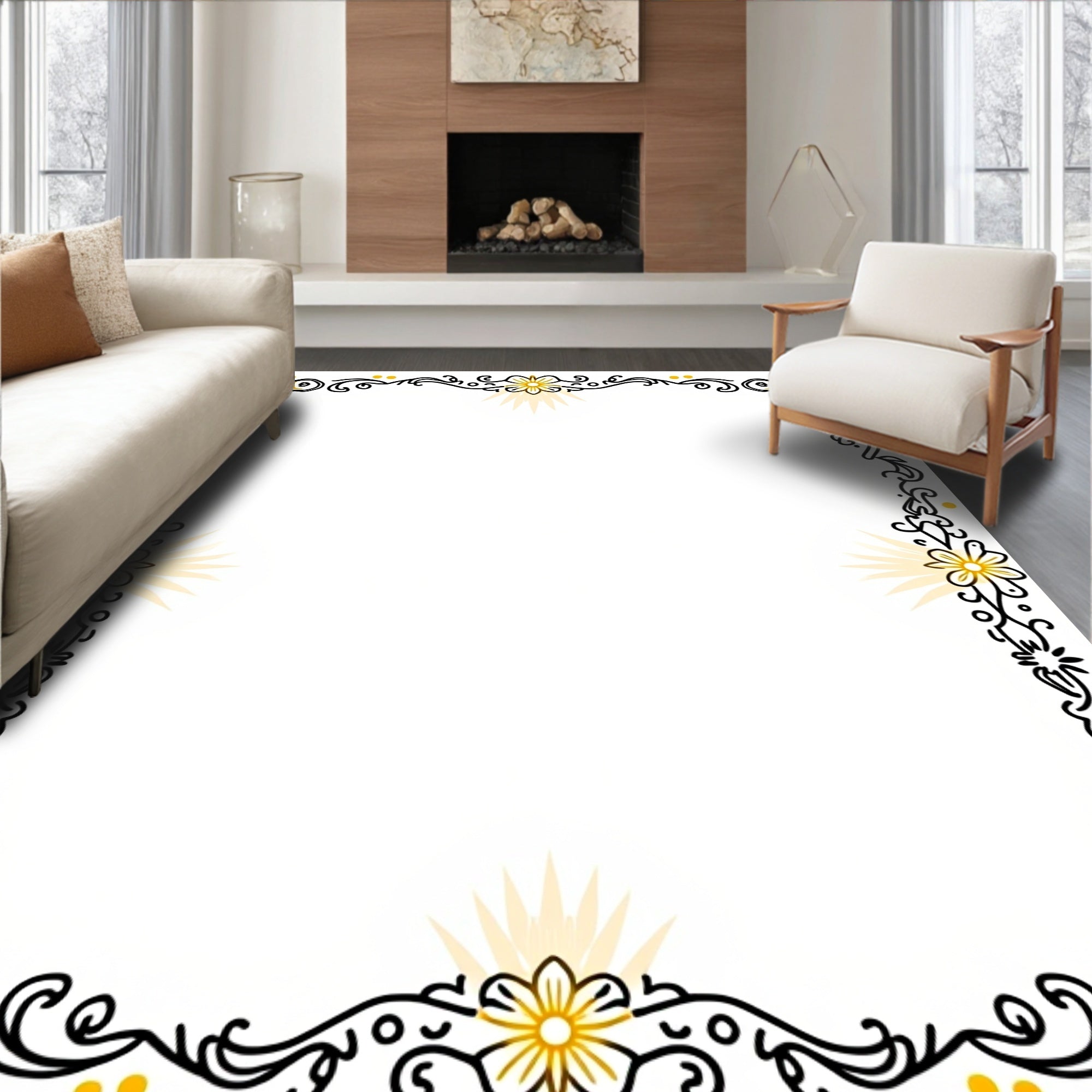 Floral Swirl Black Golden Border Rug