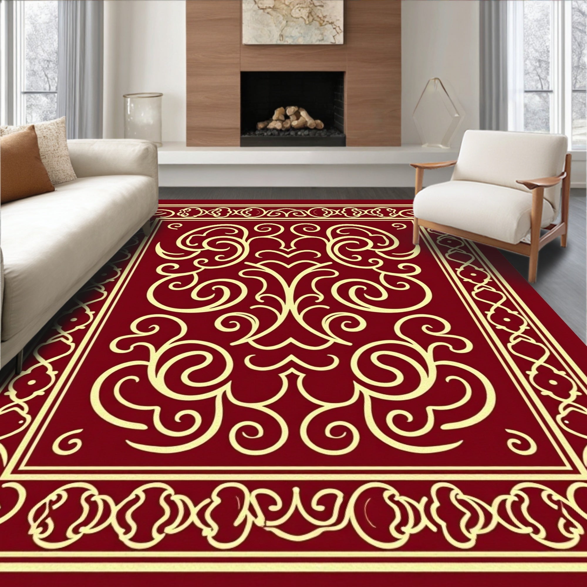 Ornate Red Gold Scrollwork Design Rug