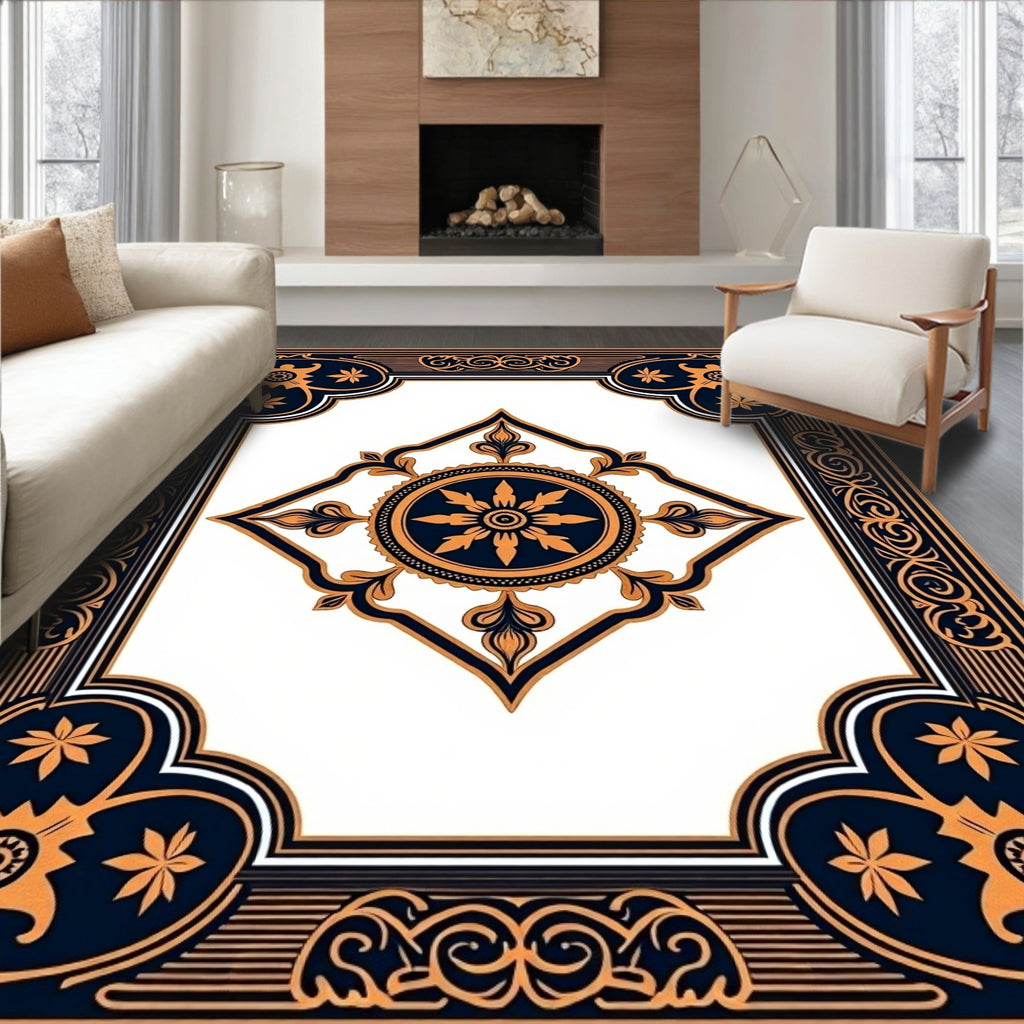 Ornate Floral Centerpiece Border Design Rug