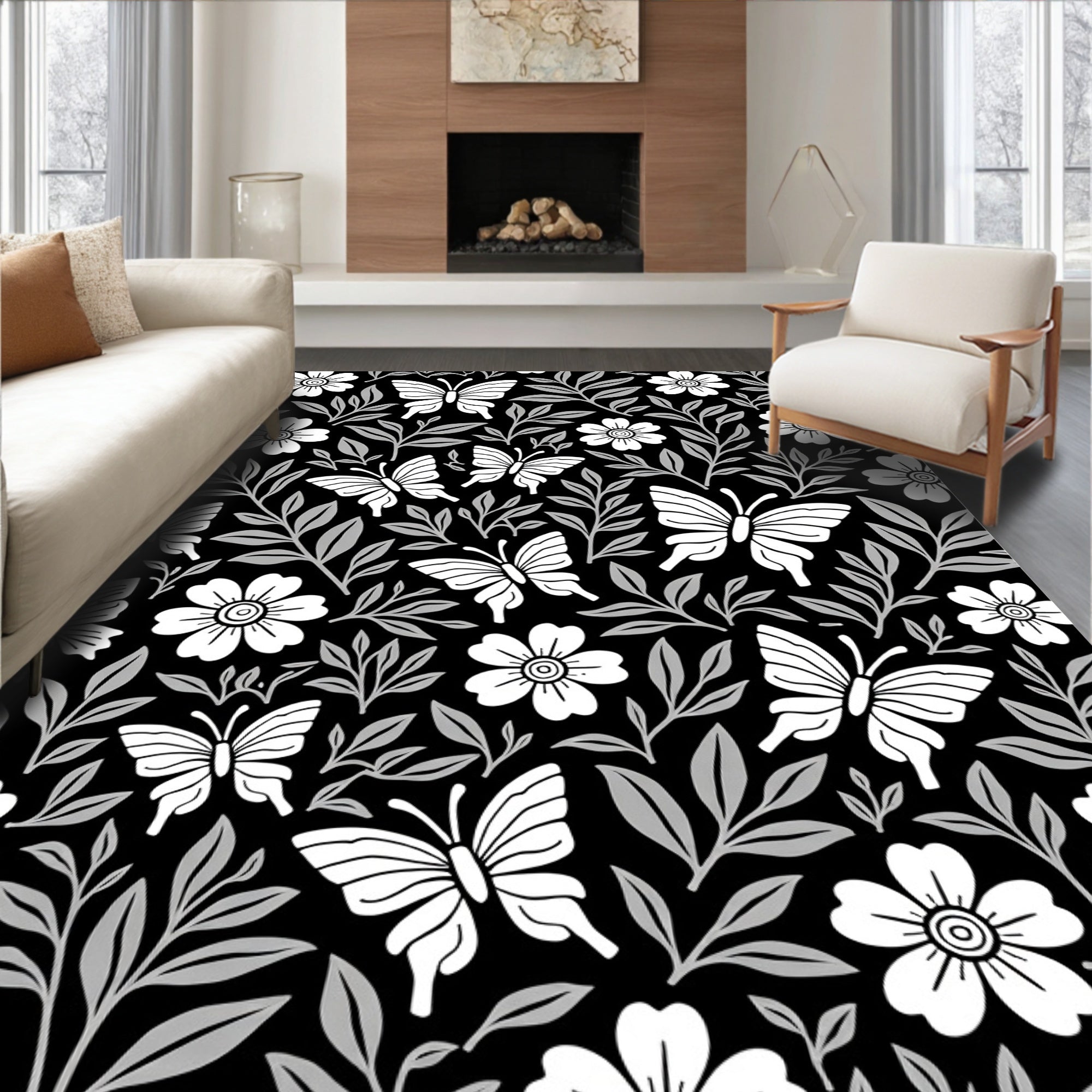 Chic Black White Butterfly Floral Design Rug