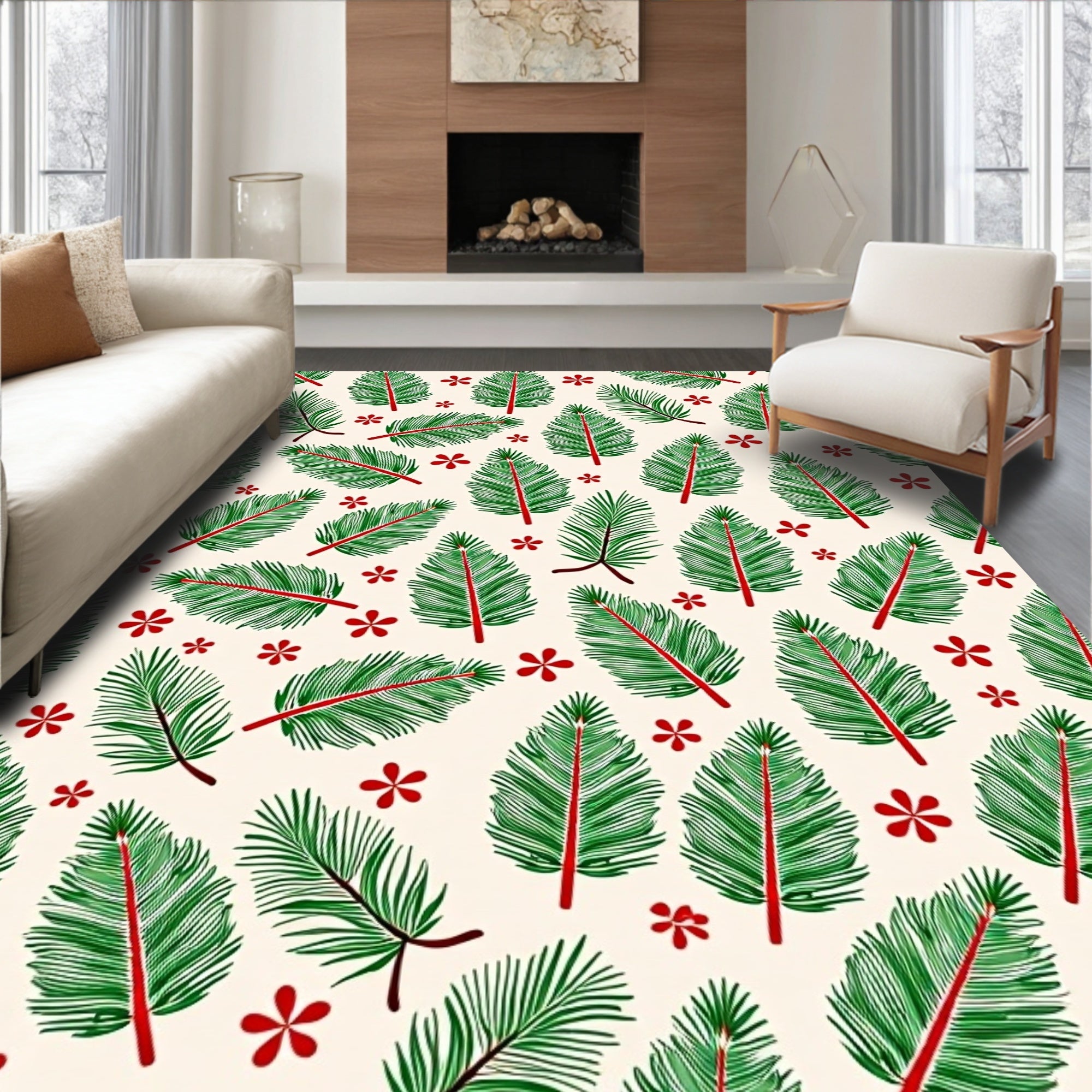 Green Pine Sprig Red Flower Pattern Rug