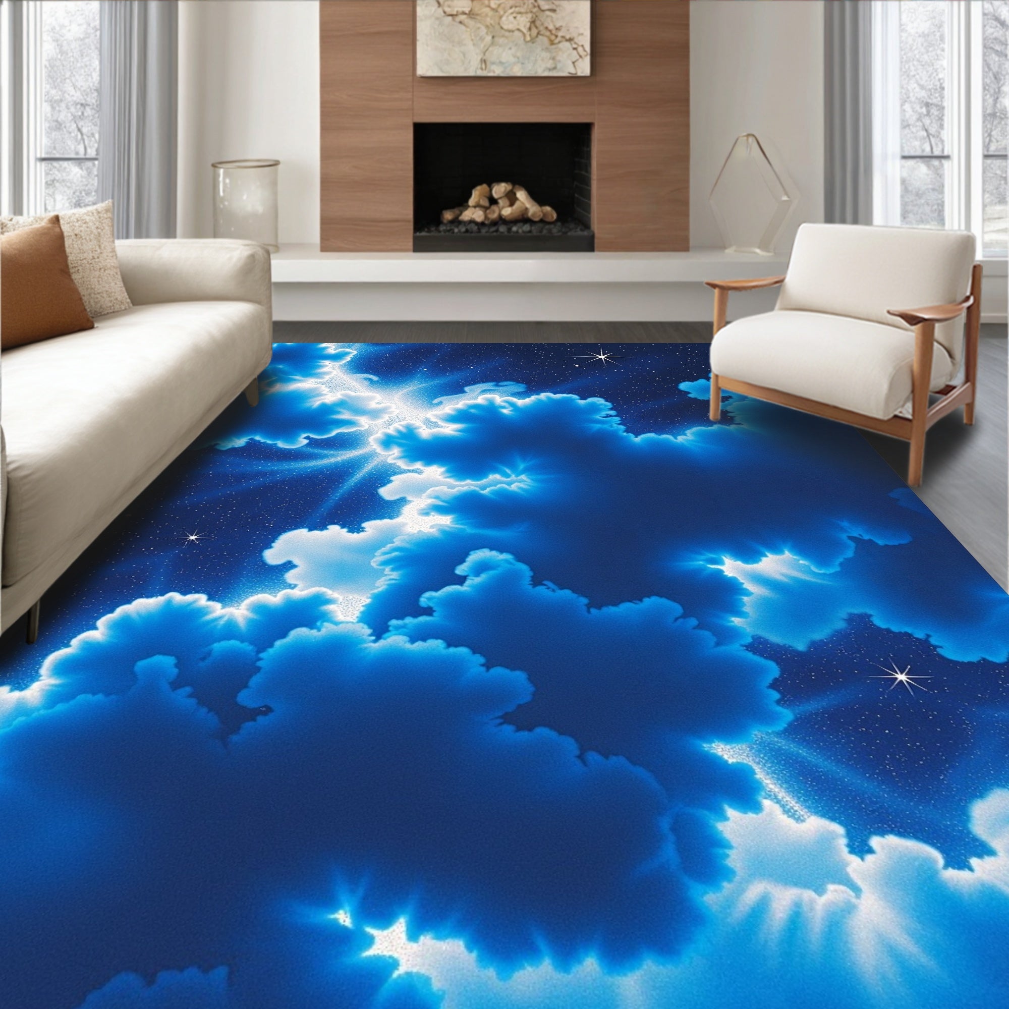 Ethereal Blue Cloudscape Starry Night Artwork Rug