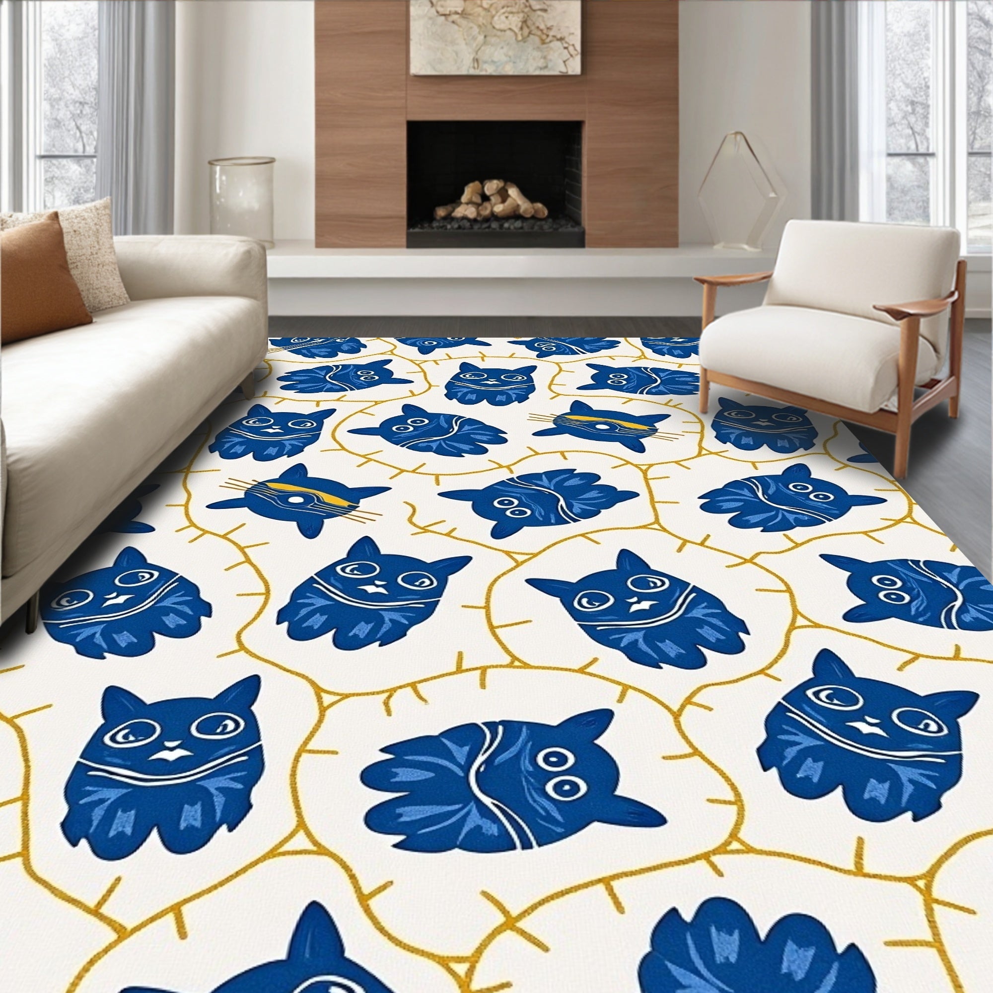 Whimsical Blue Cat Pattern Design Rug