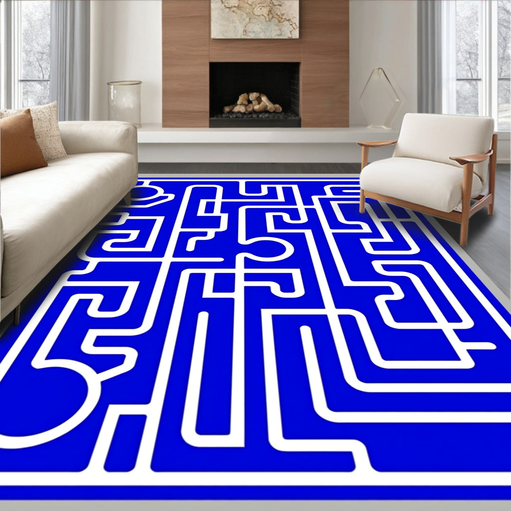 Bold Blue White Maze Pattern Rug