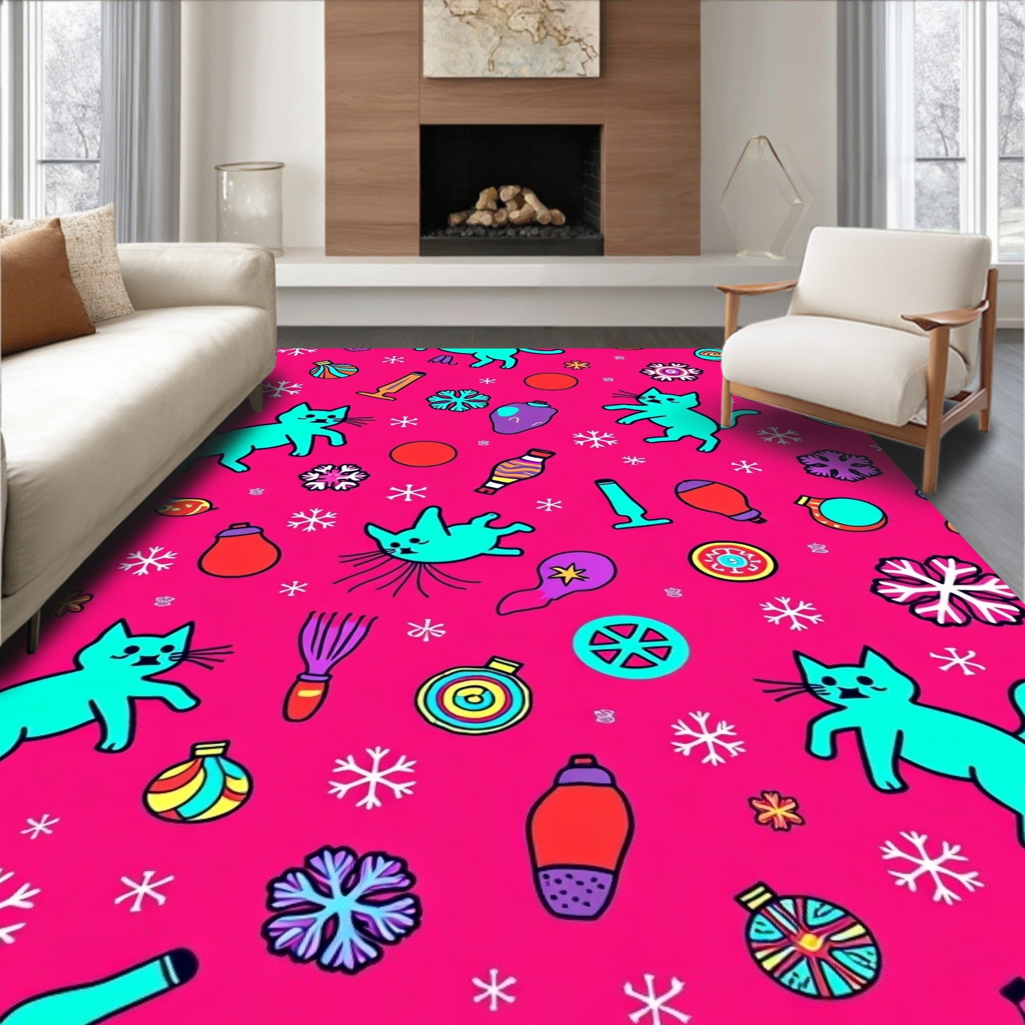 Whimsical Cats Snowflakes Pattern Rug