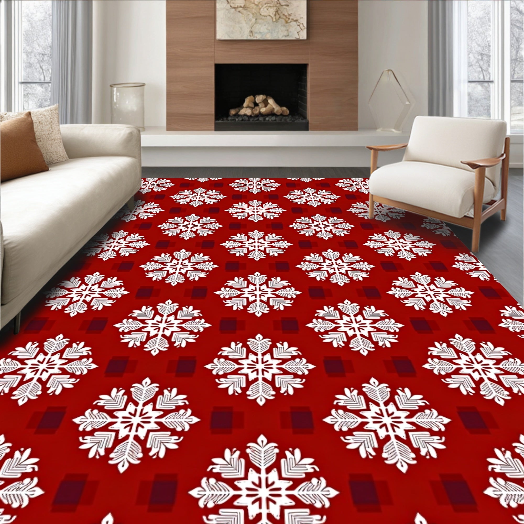 White Snowflake Red Tiled Pattern Rug