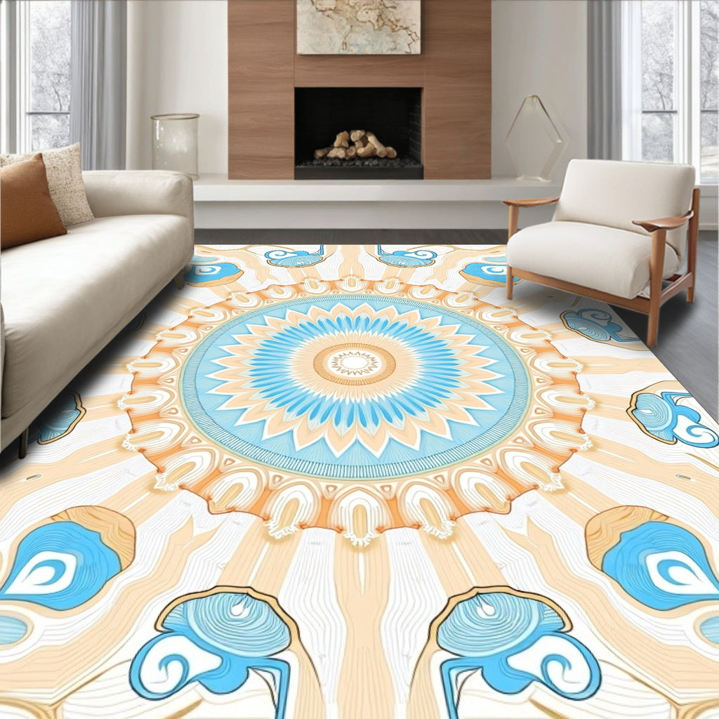Radial Blue Orange Sunburst Pattern Rug