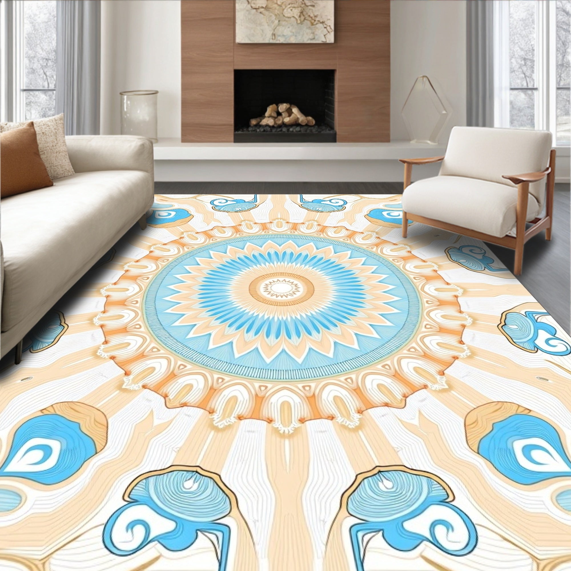Radial Blue Orange Sunburst Pattern Rug