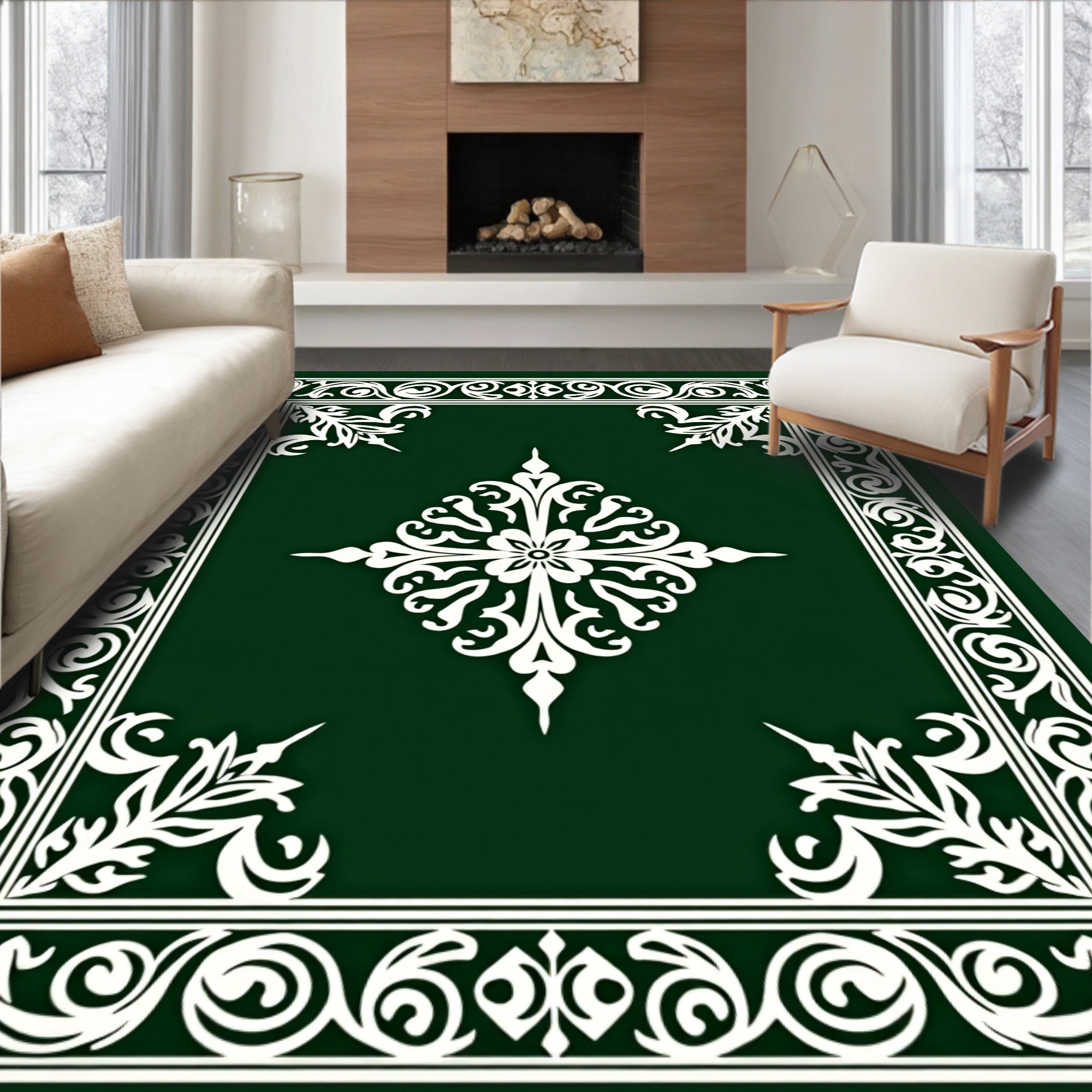 Elegant White Floral Bordered Design Rug