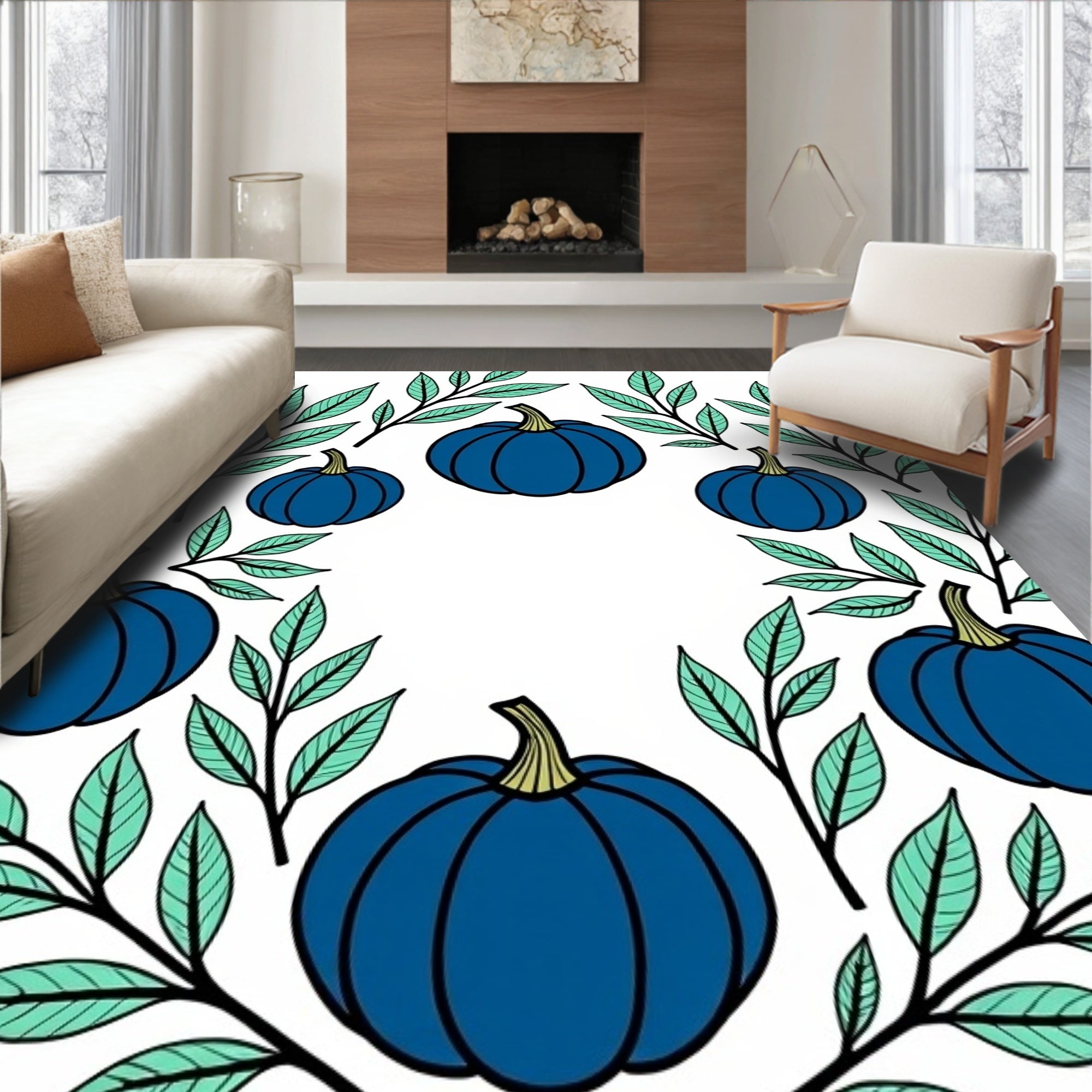 Deep Blue Pumpkin Vine Pattern Rug