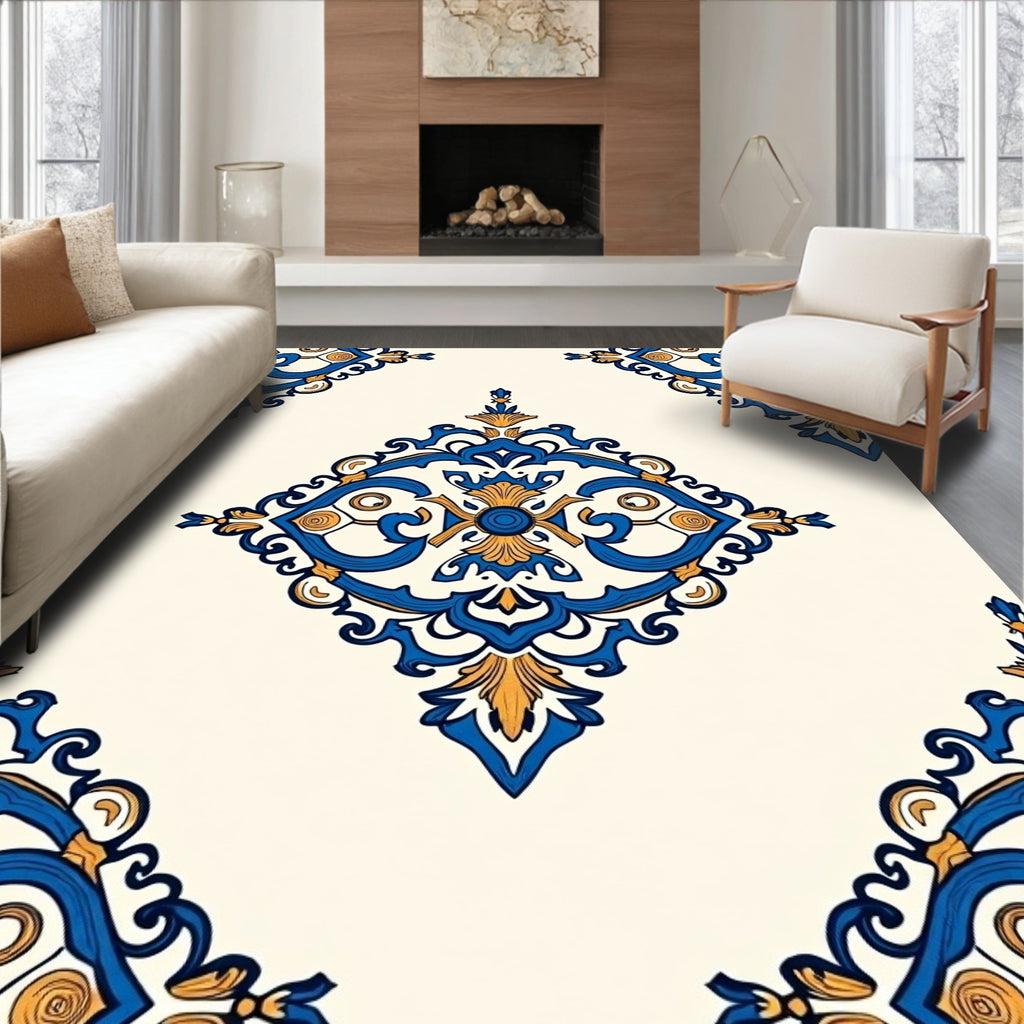 Blue Gold Ornate Damask Pattern Rug