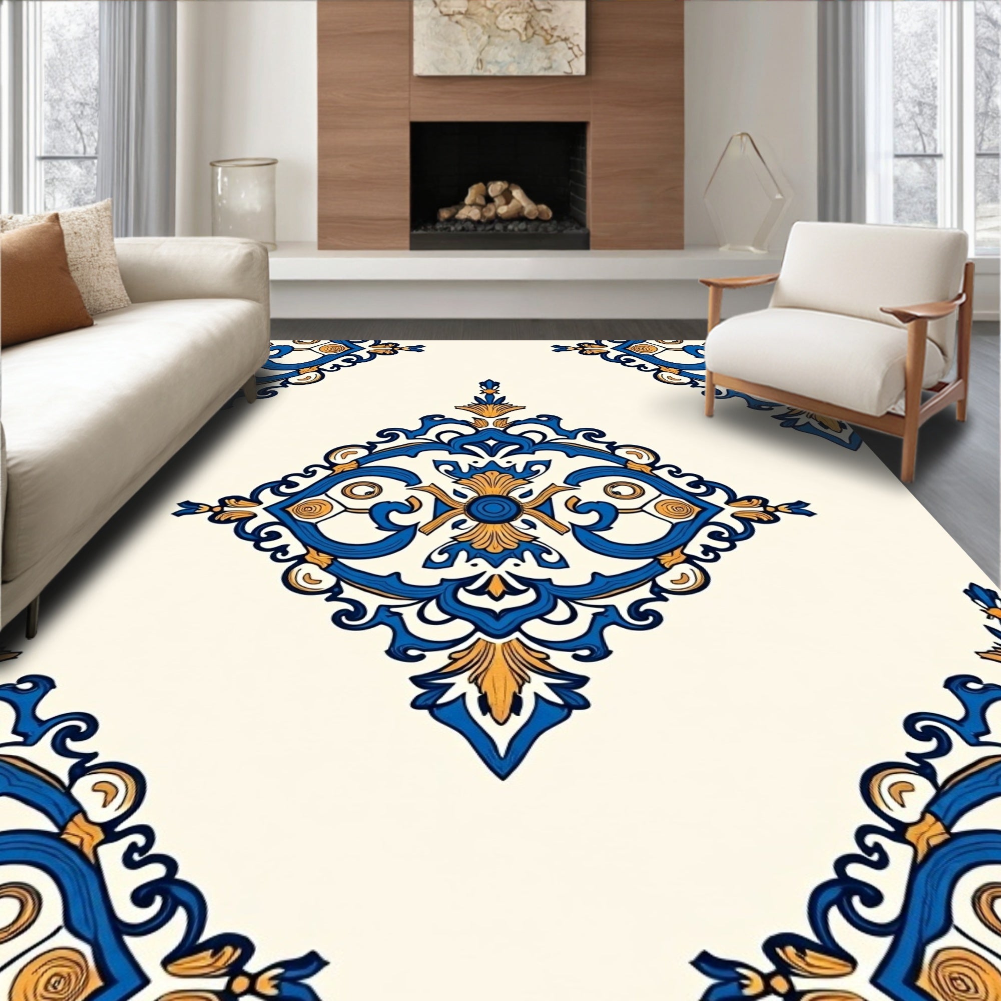 Blue Gold Ornate Damask Pattern Rug