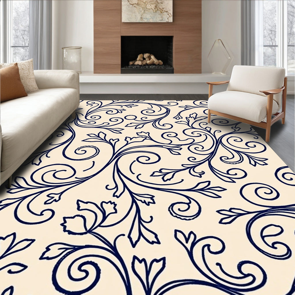 Elegant Navy Swirl Floral Foliage Design Rug