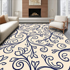 Elegant Navy Swirl Floral Foliage Design Rug