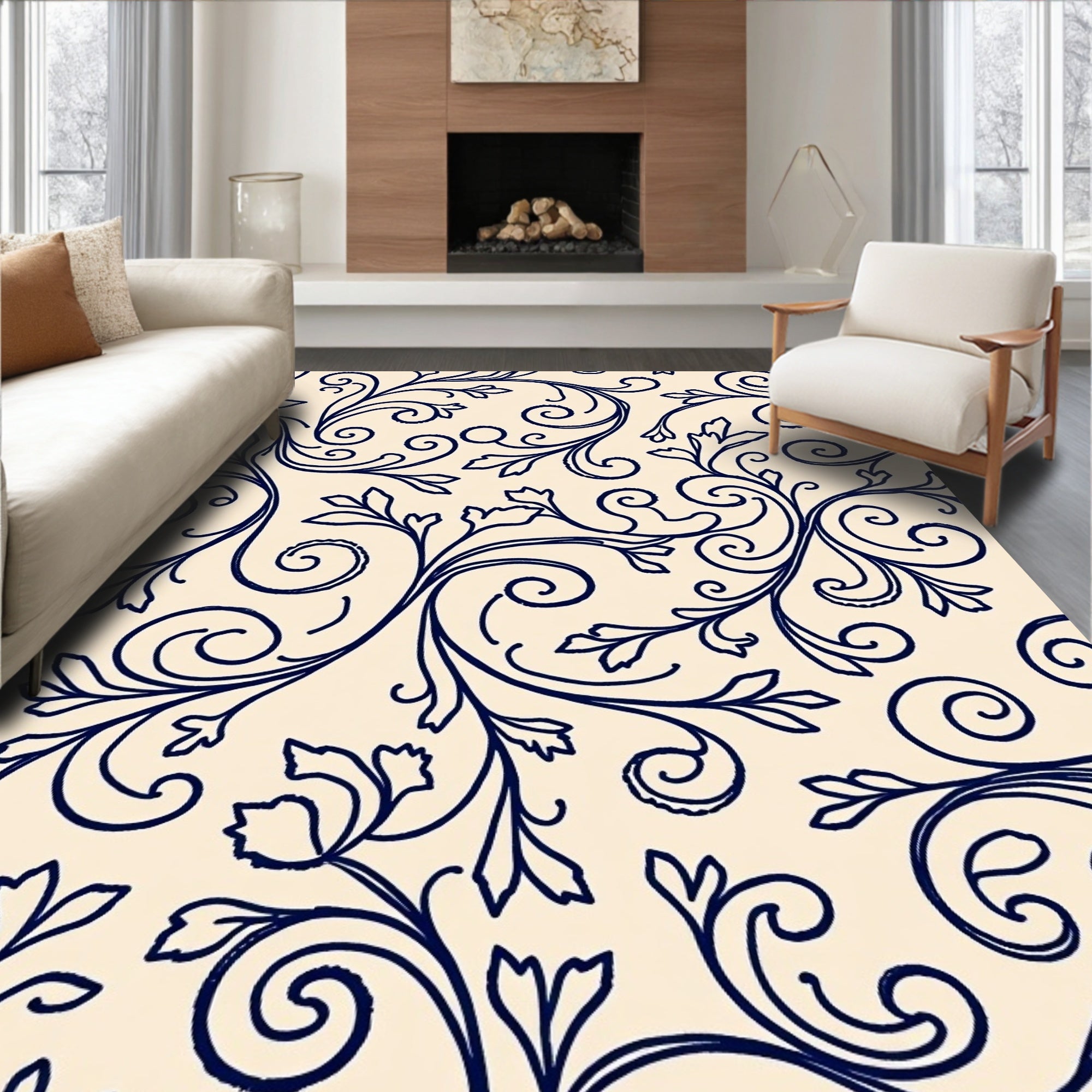 Elegant Navy Swirl Floral Foliage Design Rug