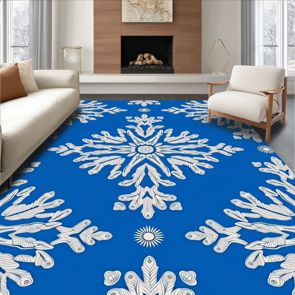 White Snowflake Blue Abstract Rug