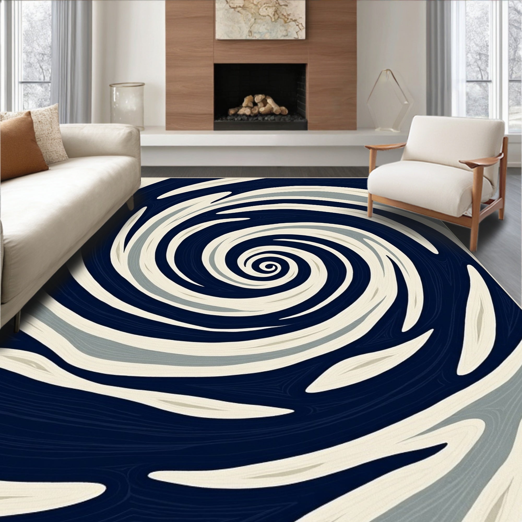 Swirling Dark Navy Cream Gray Pattern Rug