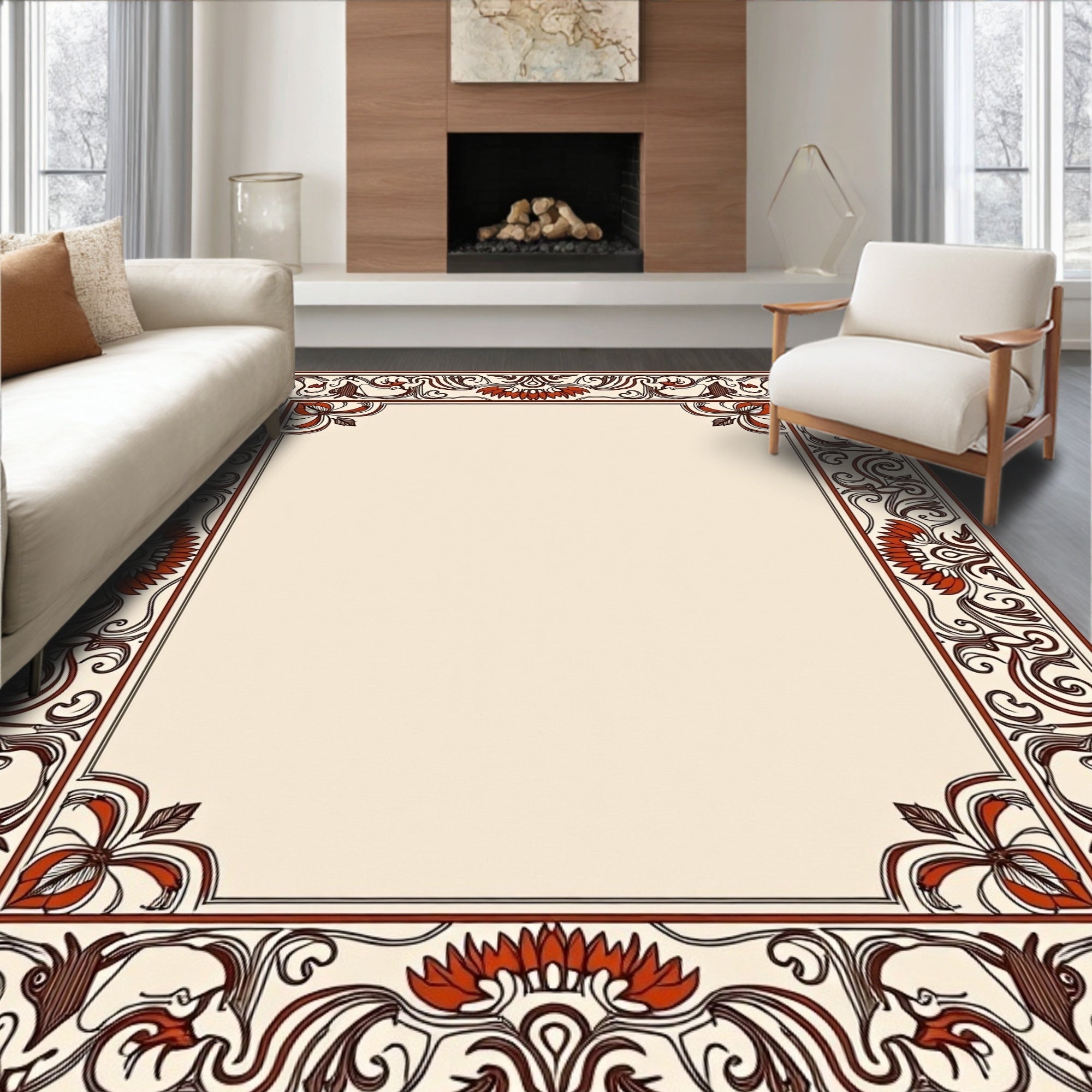 Ornate Floral Scrollwork Border Design Rug