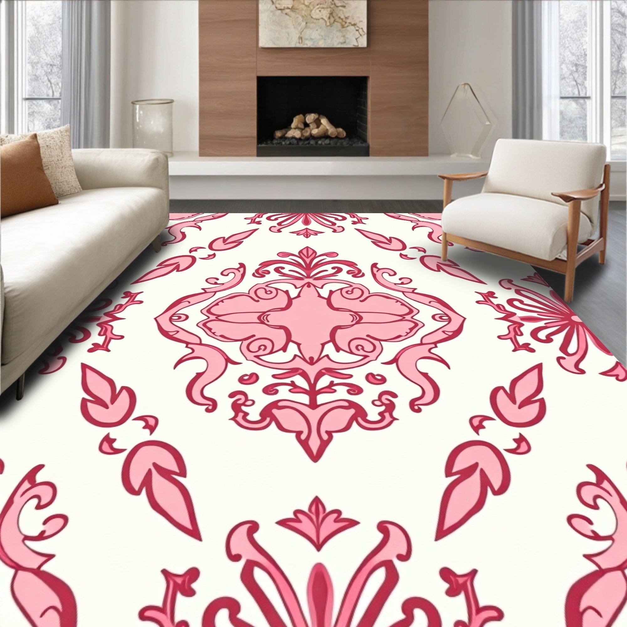 Elegant Pink Floral Damask Pattern Rug