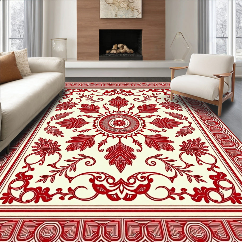 Classic Red Floral Border Design Rug