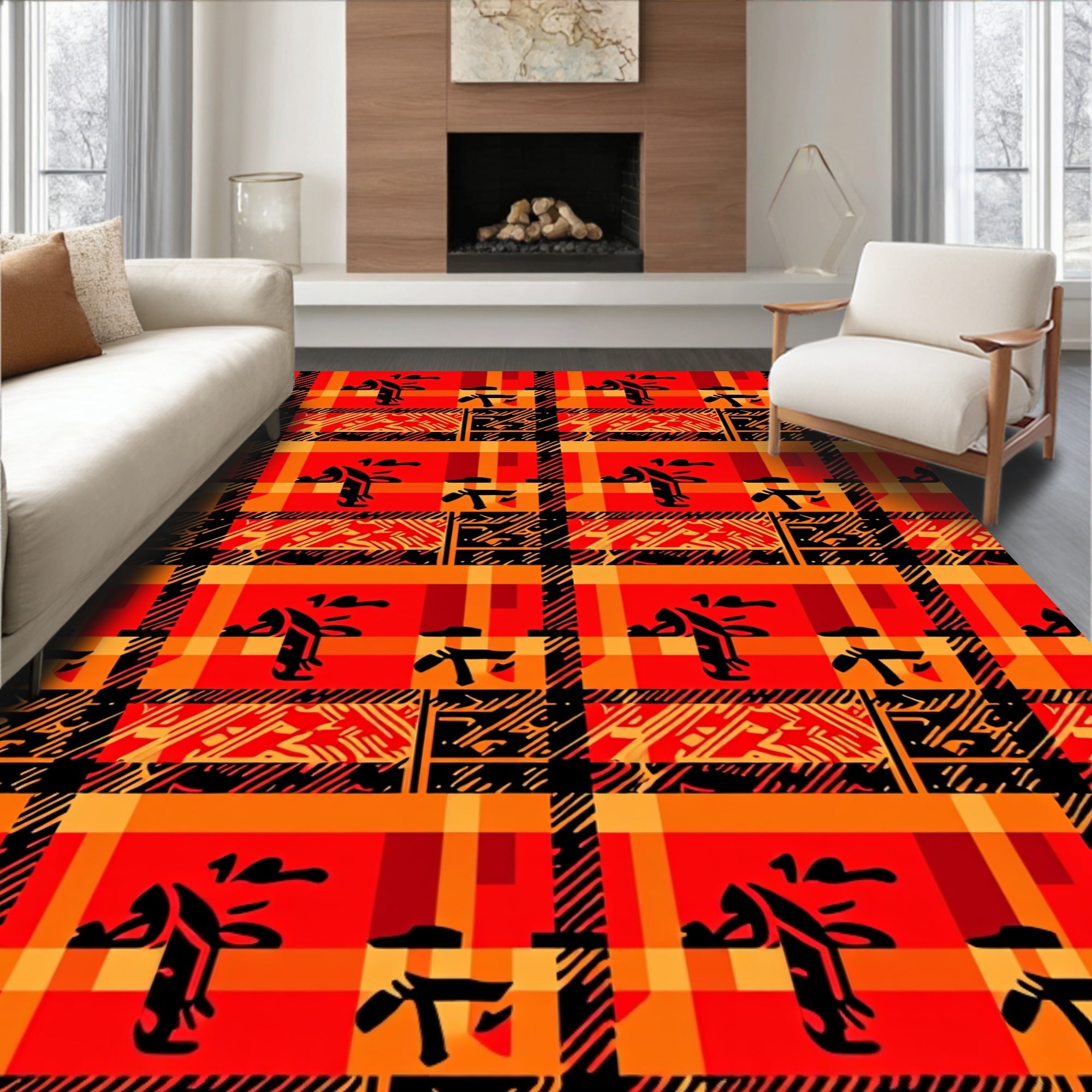 Bold Red Orange Abstract Figure Rug