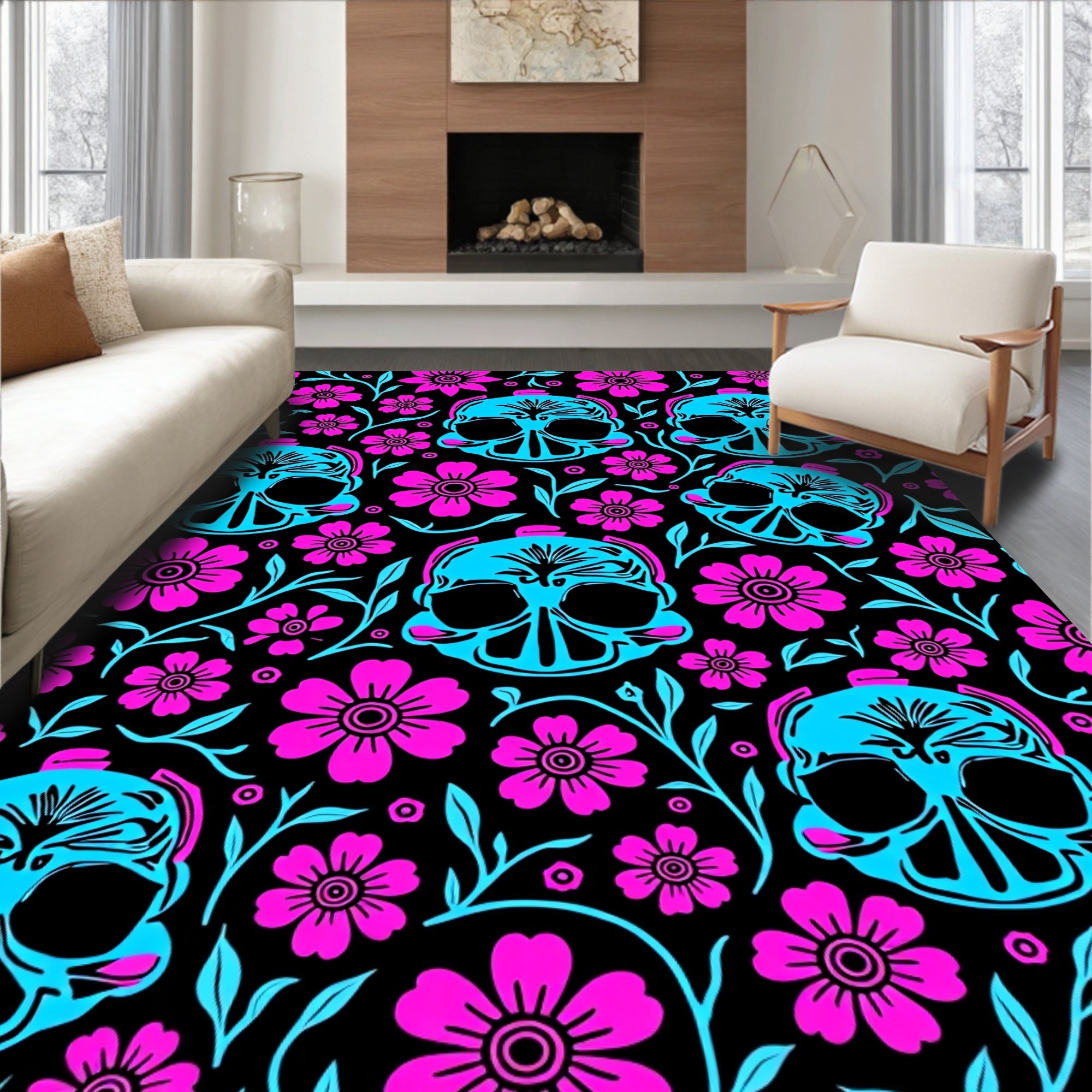 Bold Skull Floral Pattern Design Rug