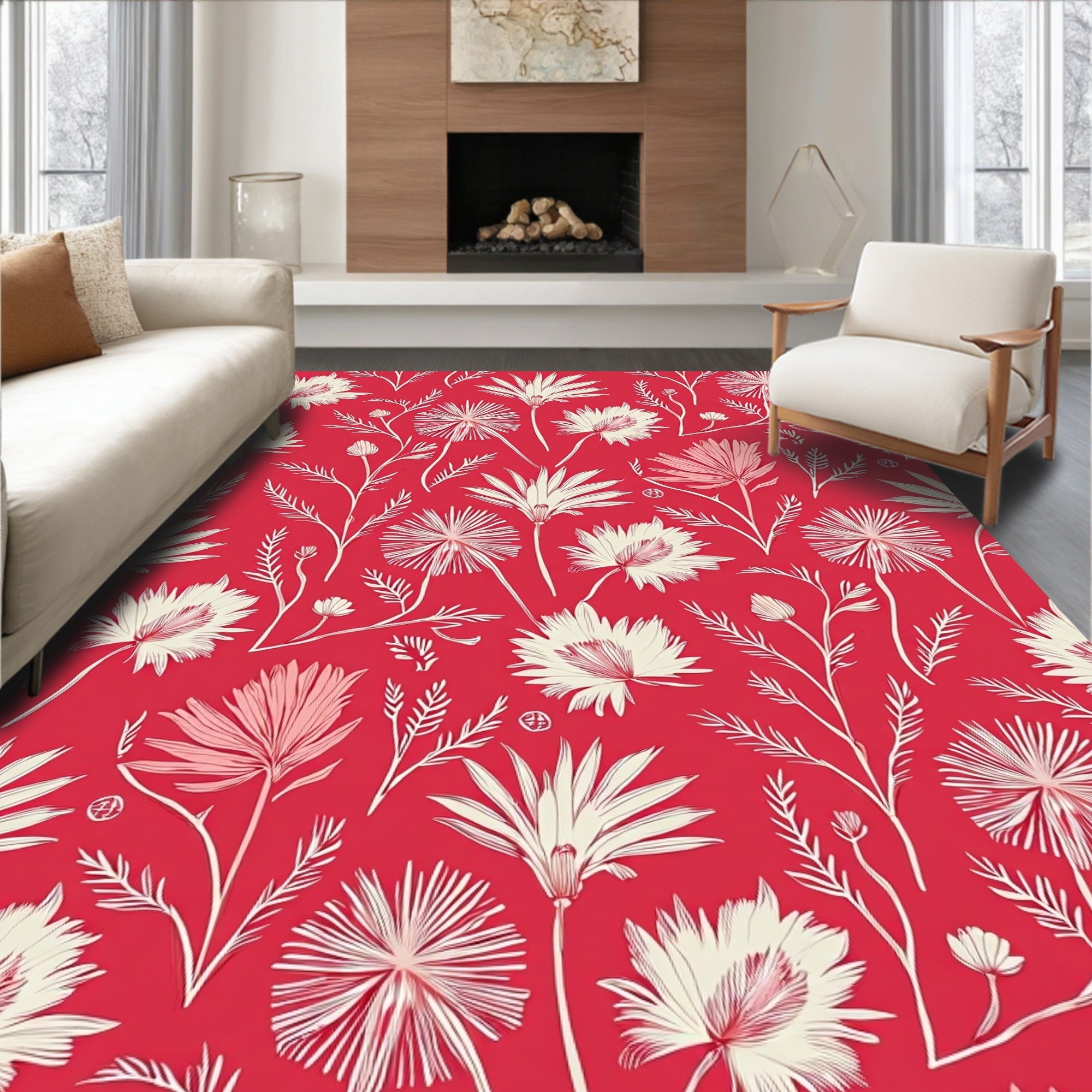 Tropical Floral Patterned Bright Red Rug