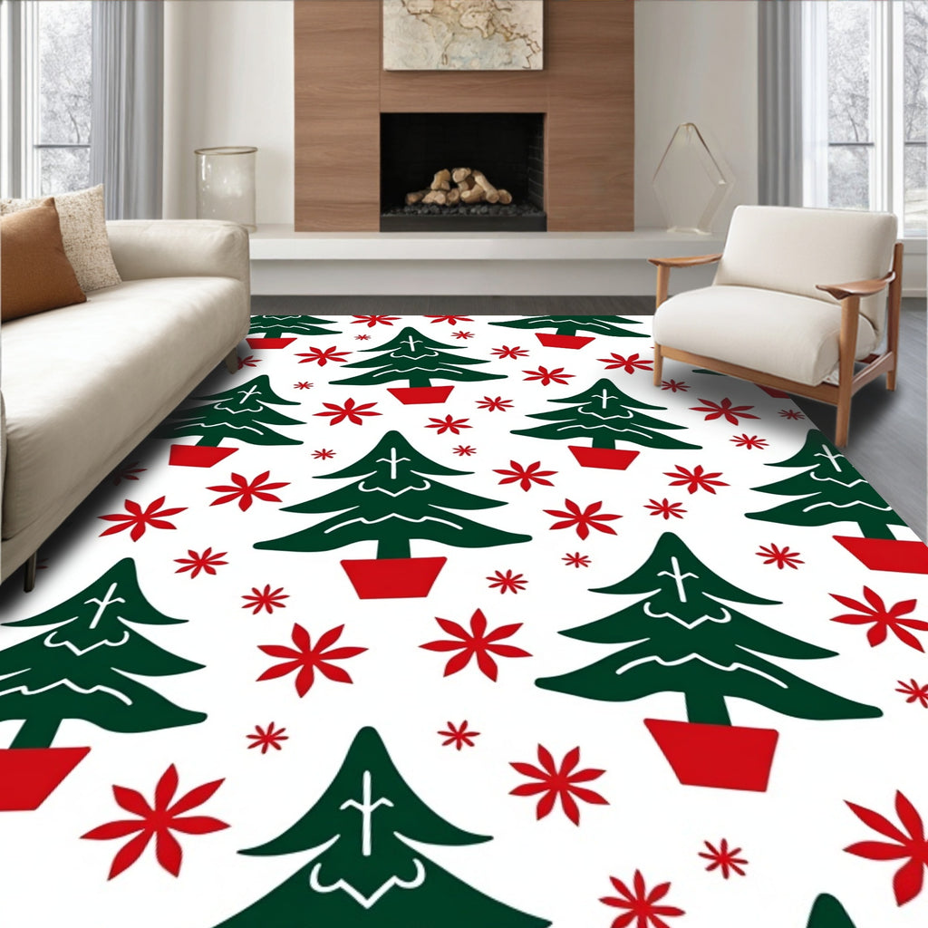 Whimsical Christmas Trees Flowers Pattern Rug