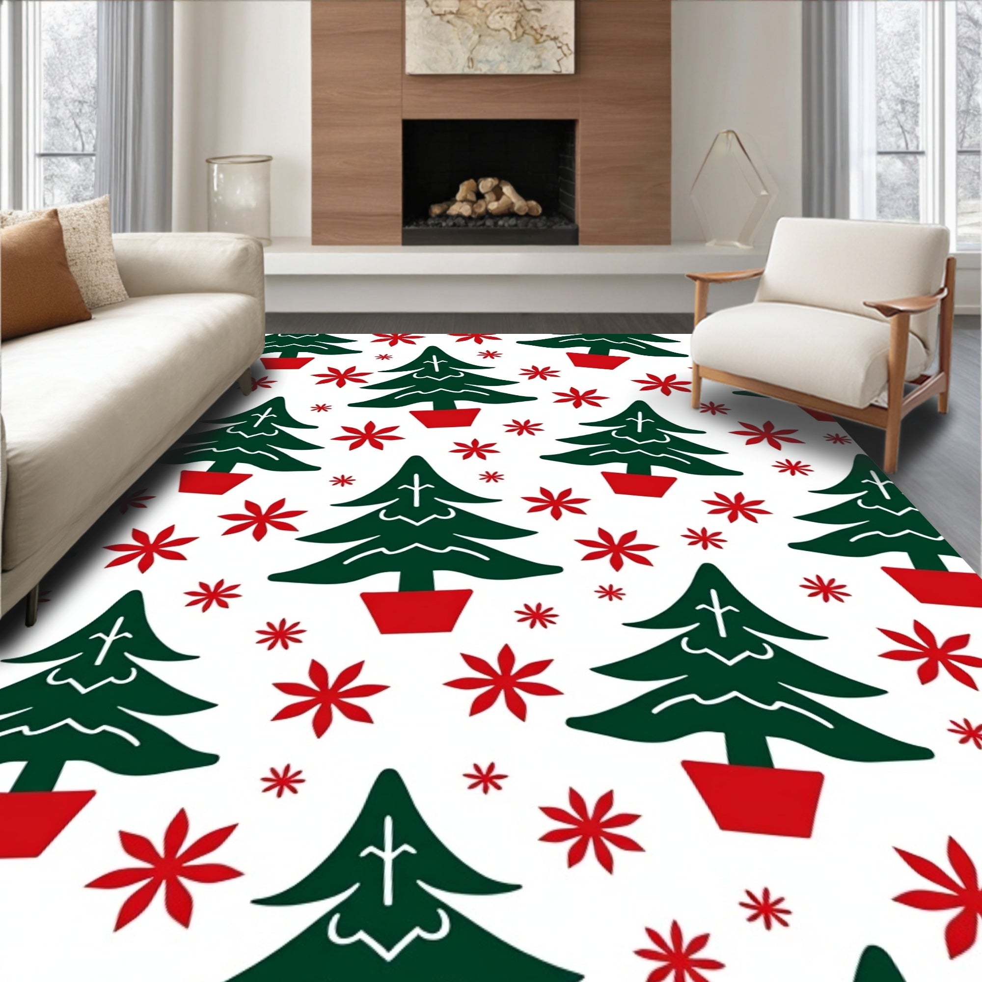 Whimsical Christmas Trees Flowers Pattern Rug