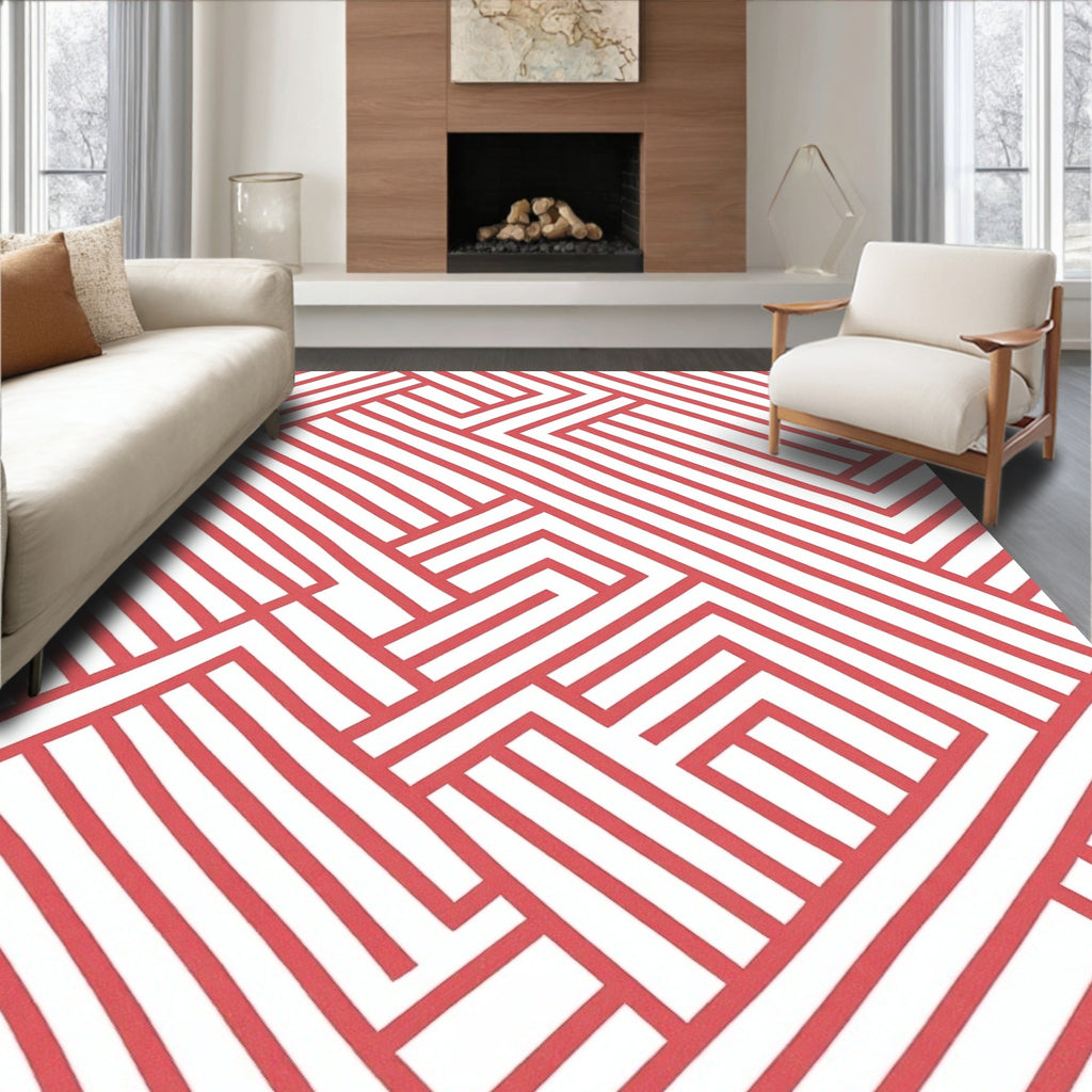 Coral And White Interlocking Geometric Pattern Rug