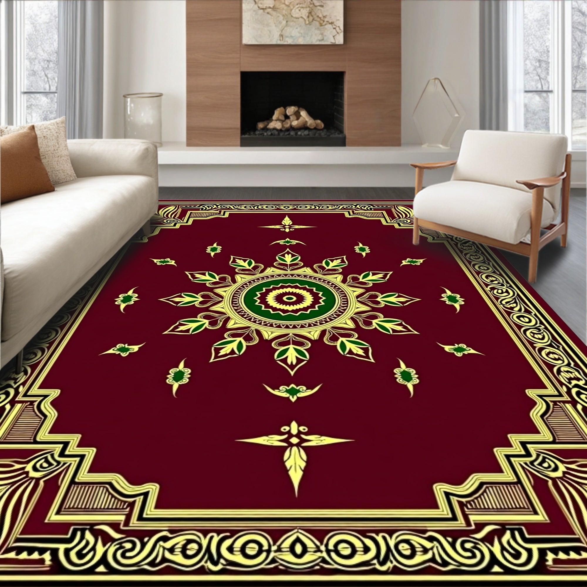 Elegant Central Medallion Golden Leaf Design Rug