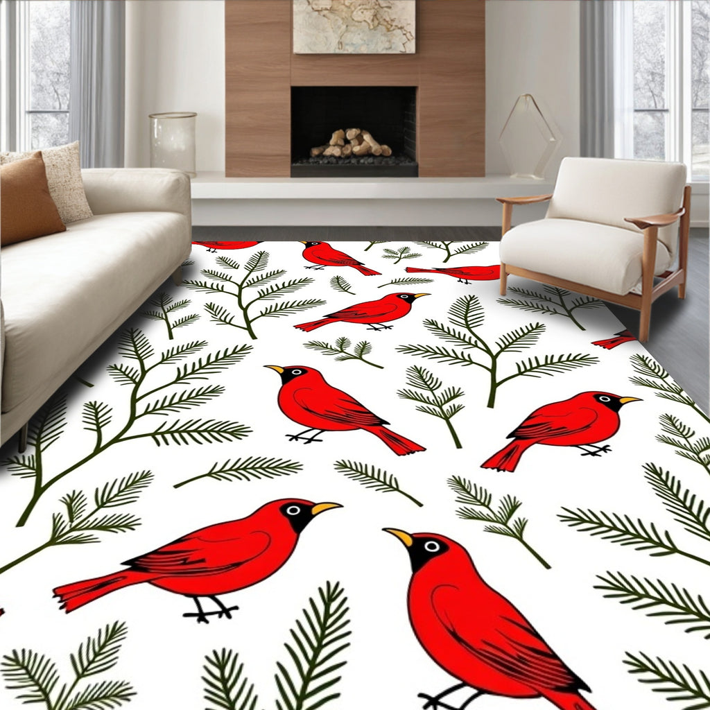 Red Cardinals Green Pine Branches Pattern Rug
