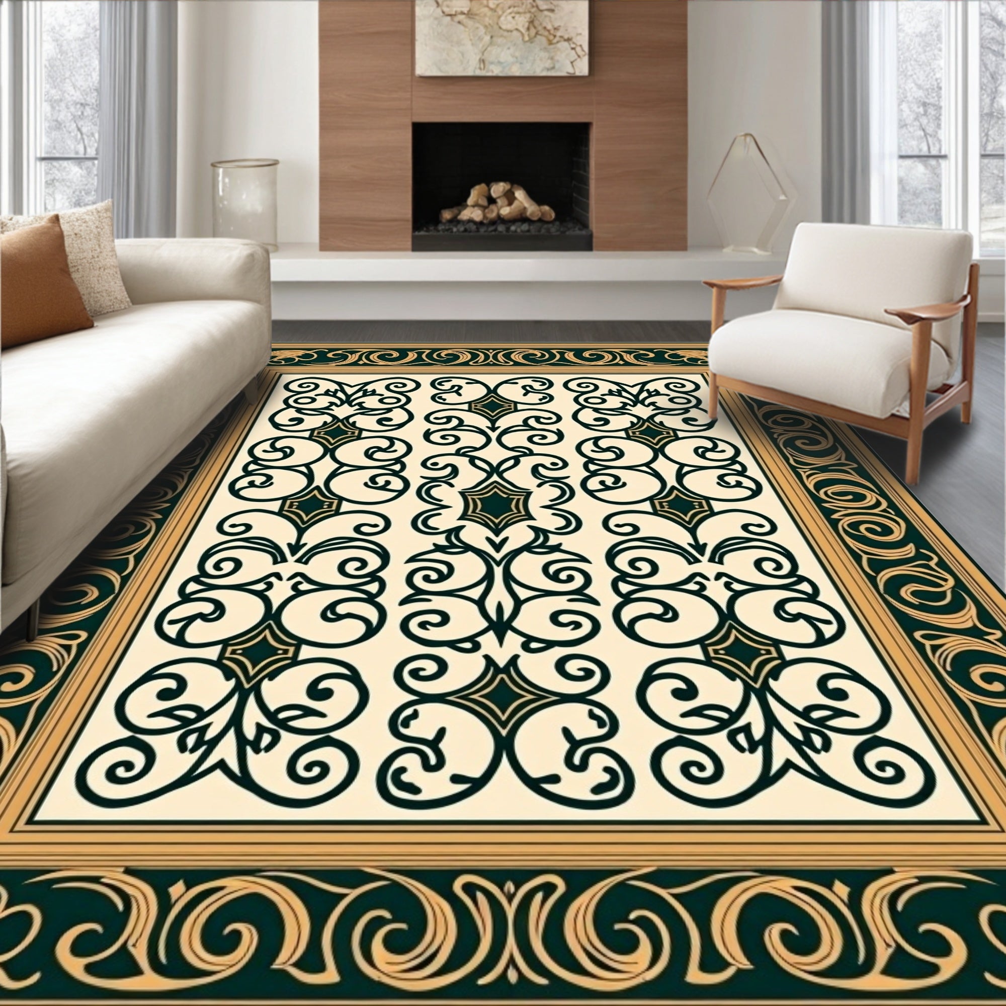 Elegant Teal Gold Swirl Pattern Rug