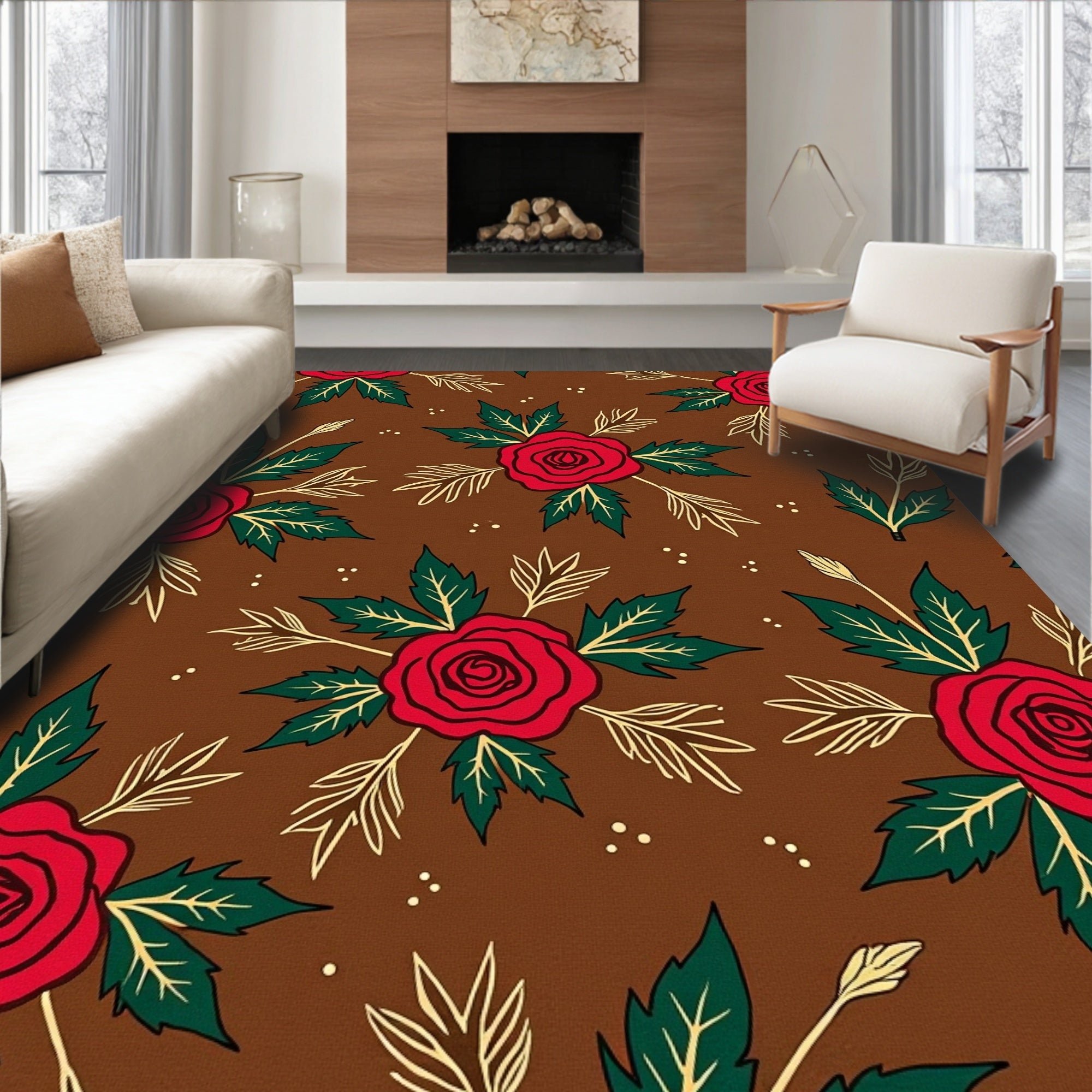 Red RoseFloral Pattern Brown Base Rug