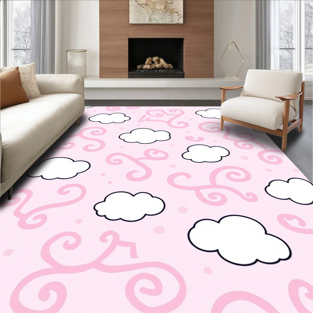 Whimsical Pink Cloud Swirl Motif Rug