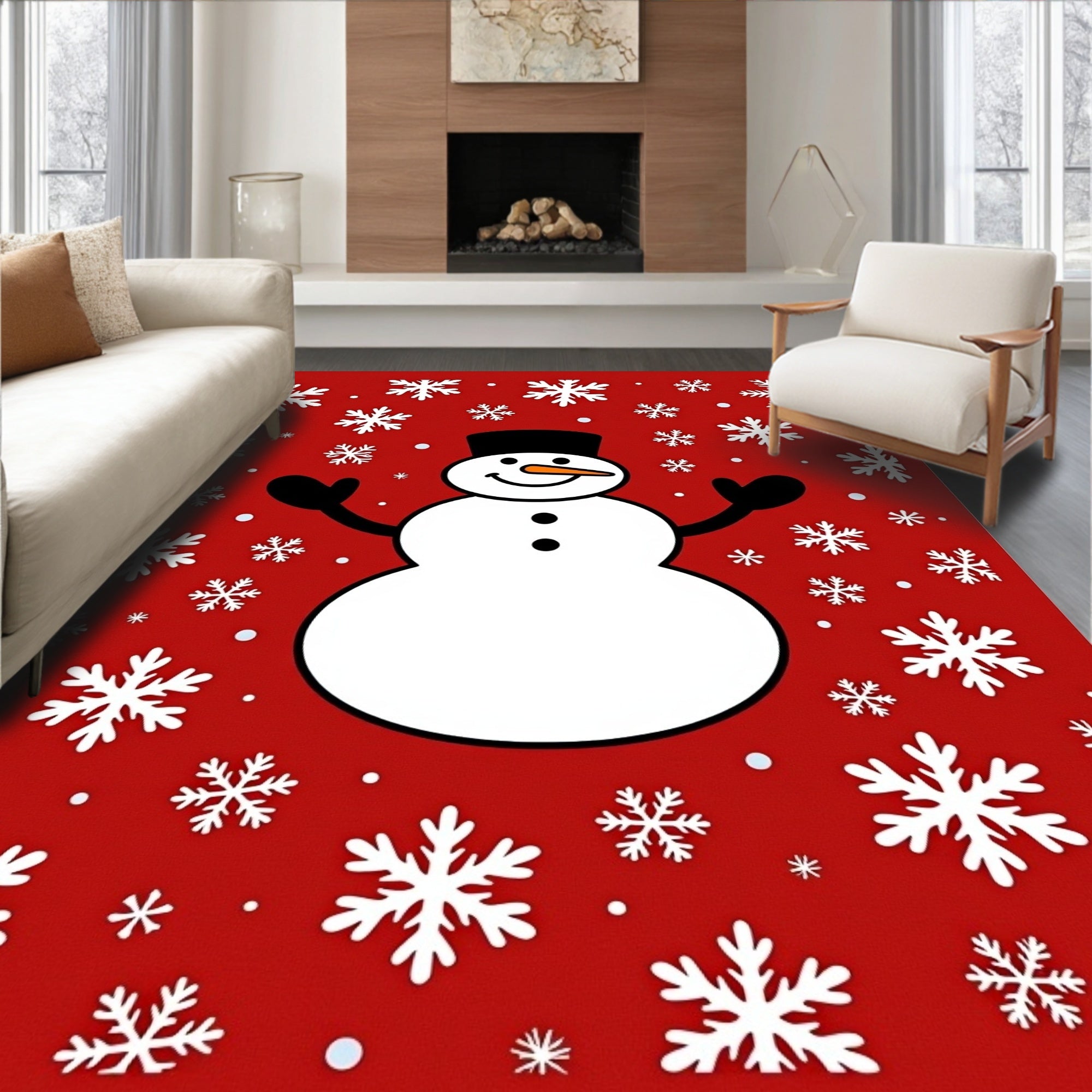 Winter Snowman Snowflake Motif Rug
