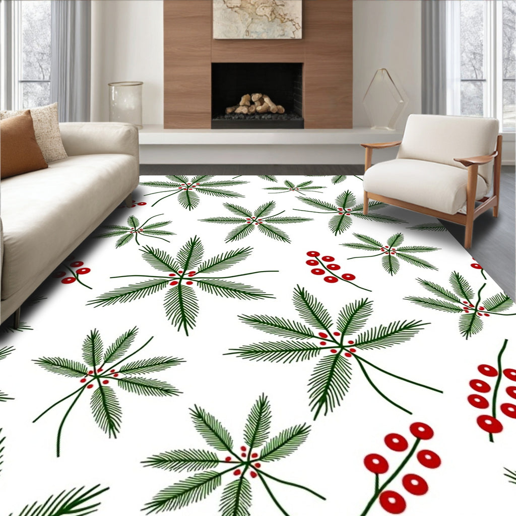 Green Pine Sprigs Red Berries Rug